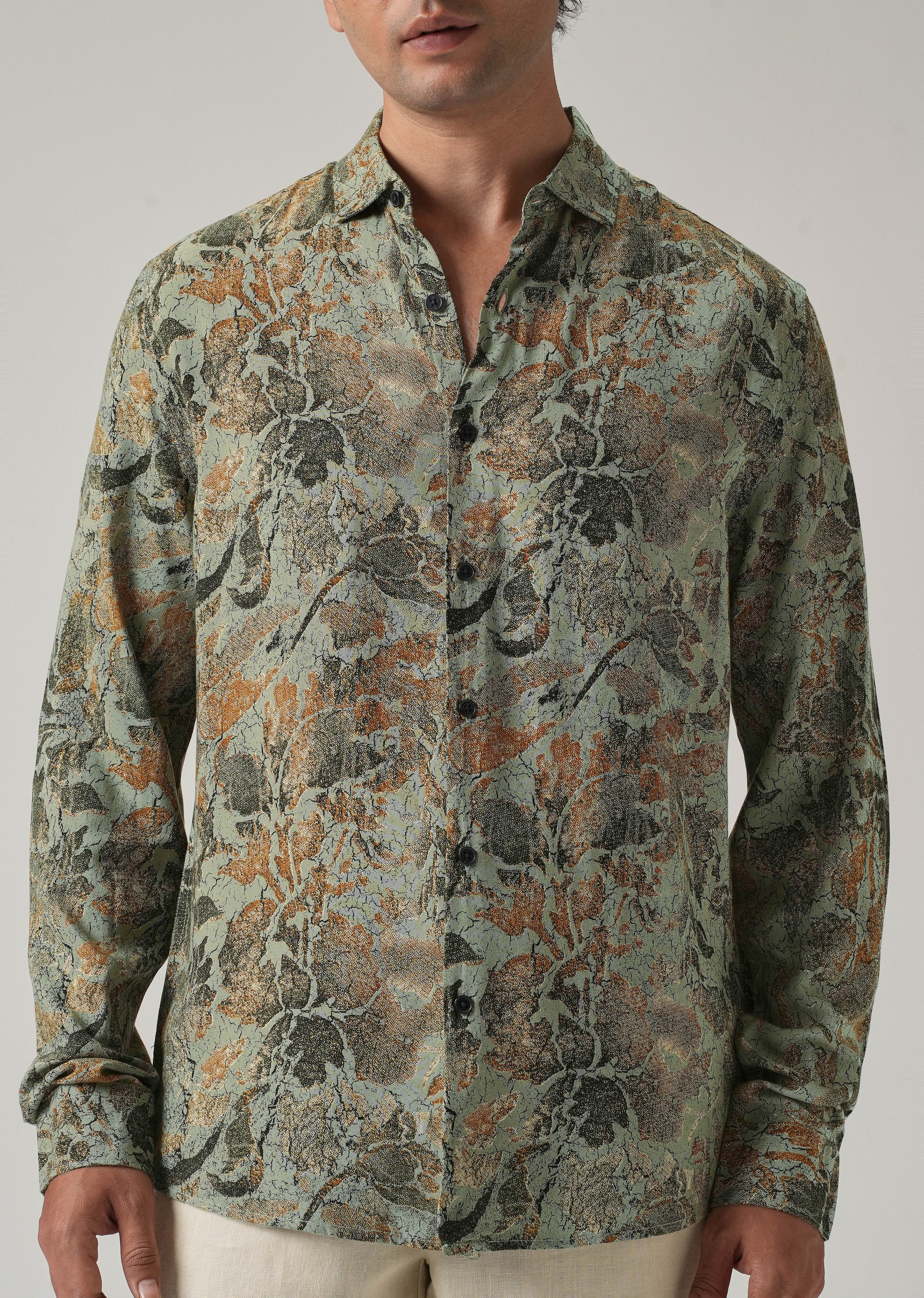 Green Abstract Distress Print Feather Shirt - Image 7