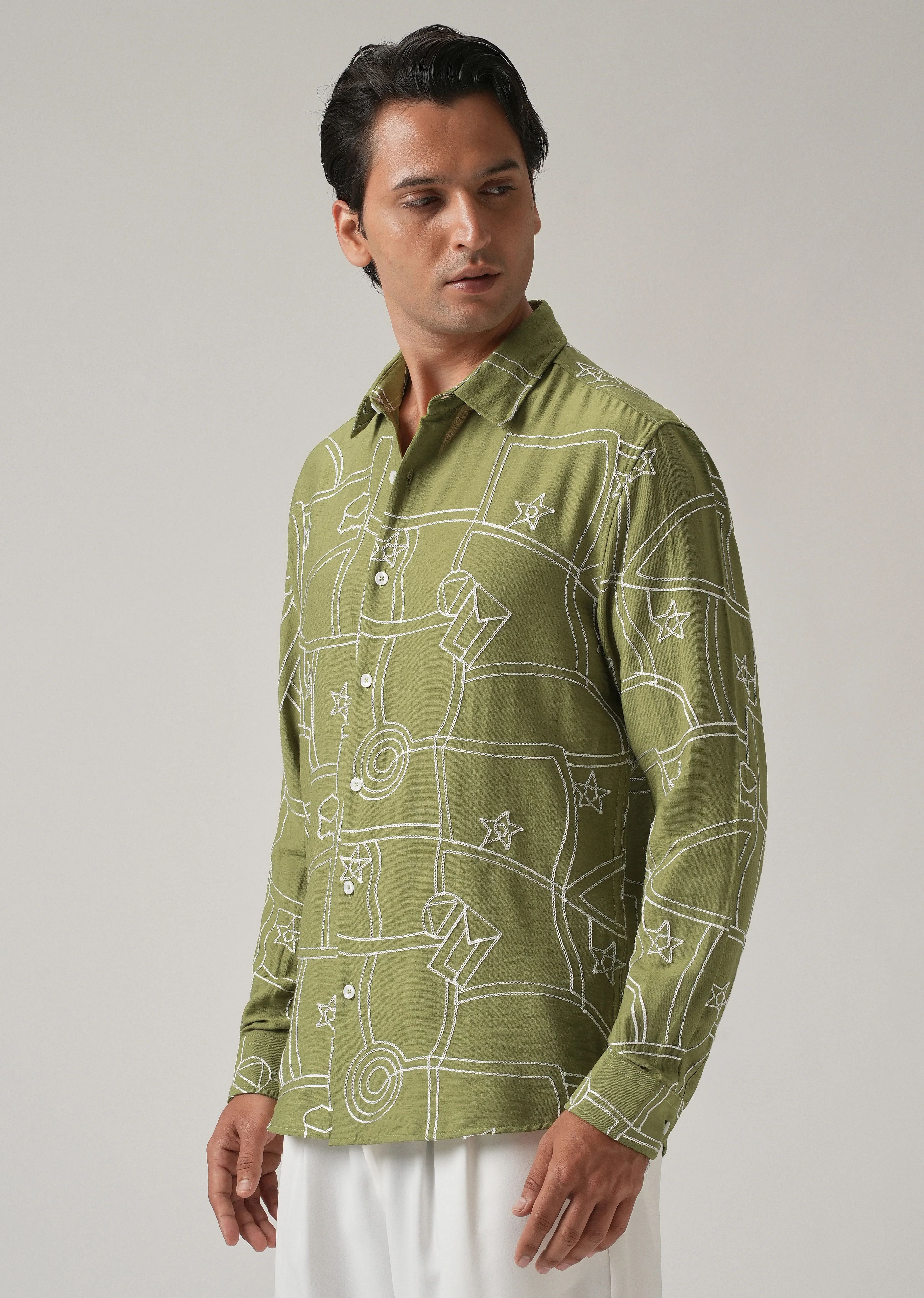 Green Abstract Embroidery Shirt - Image 5