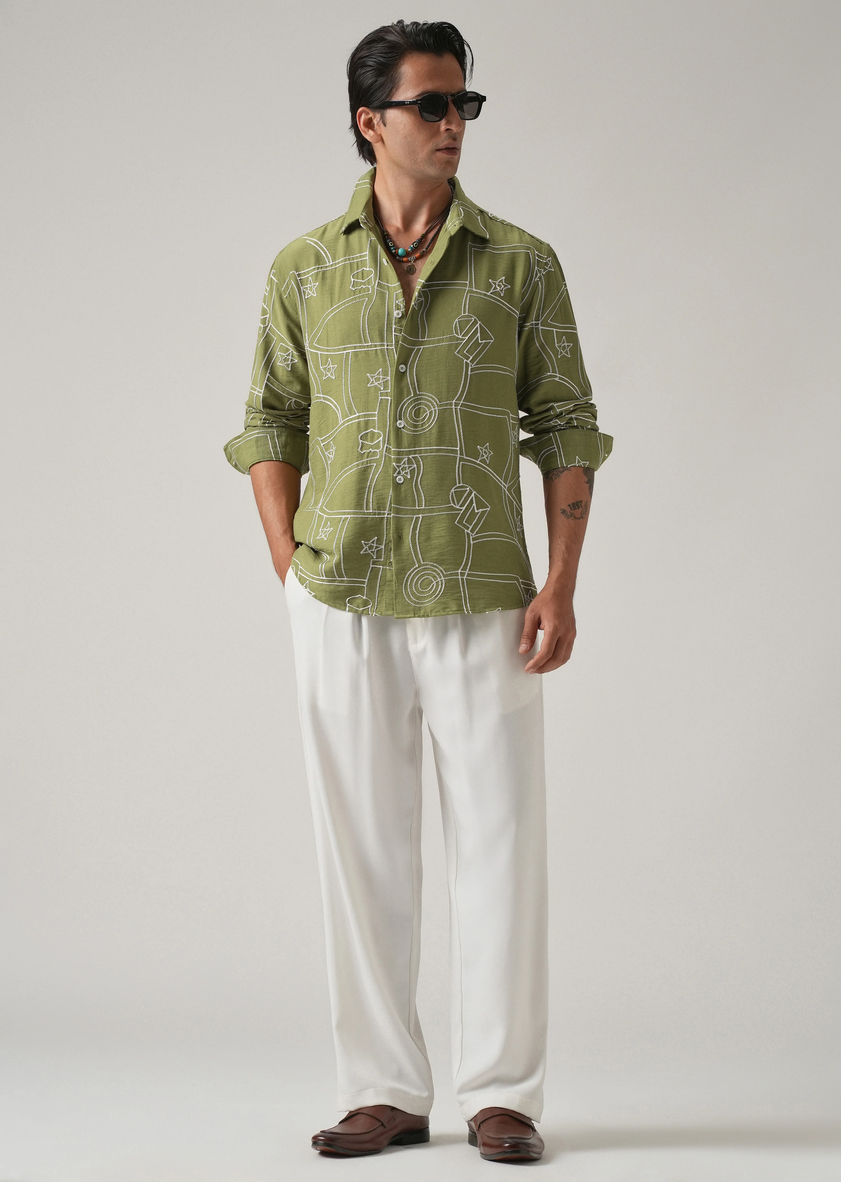 Green Abstract Embroidery Shirt - Image 7