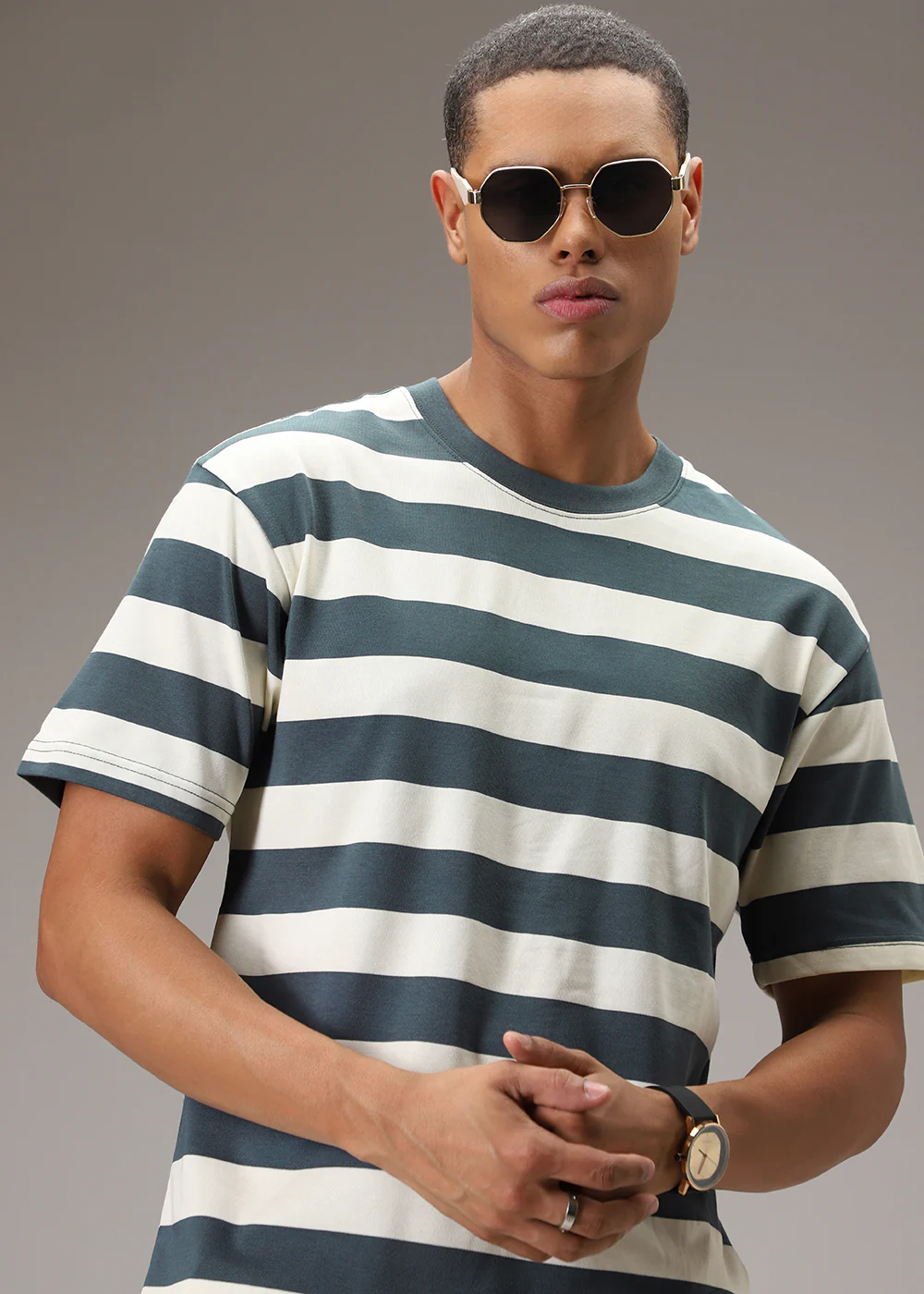 Green And Cream Striped T-shirt - Image 3