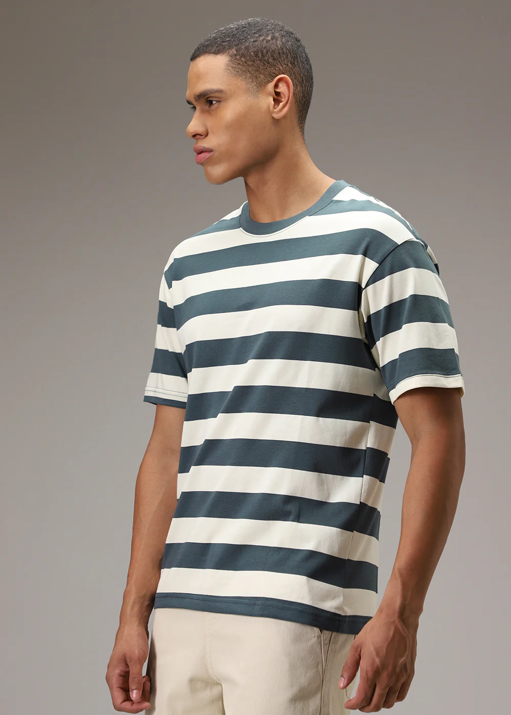 Green And Cream Striped T-shirt - Image 5