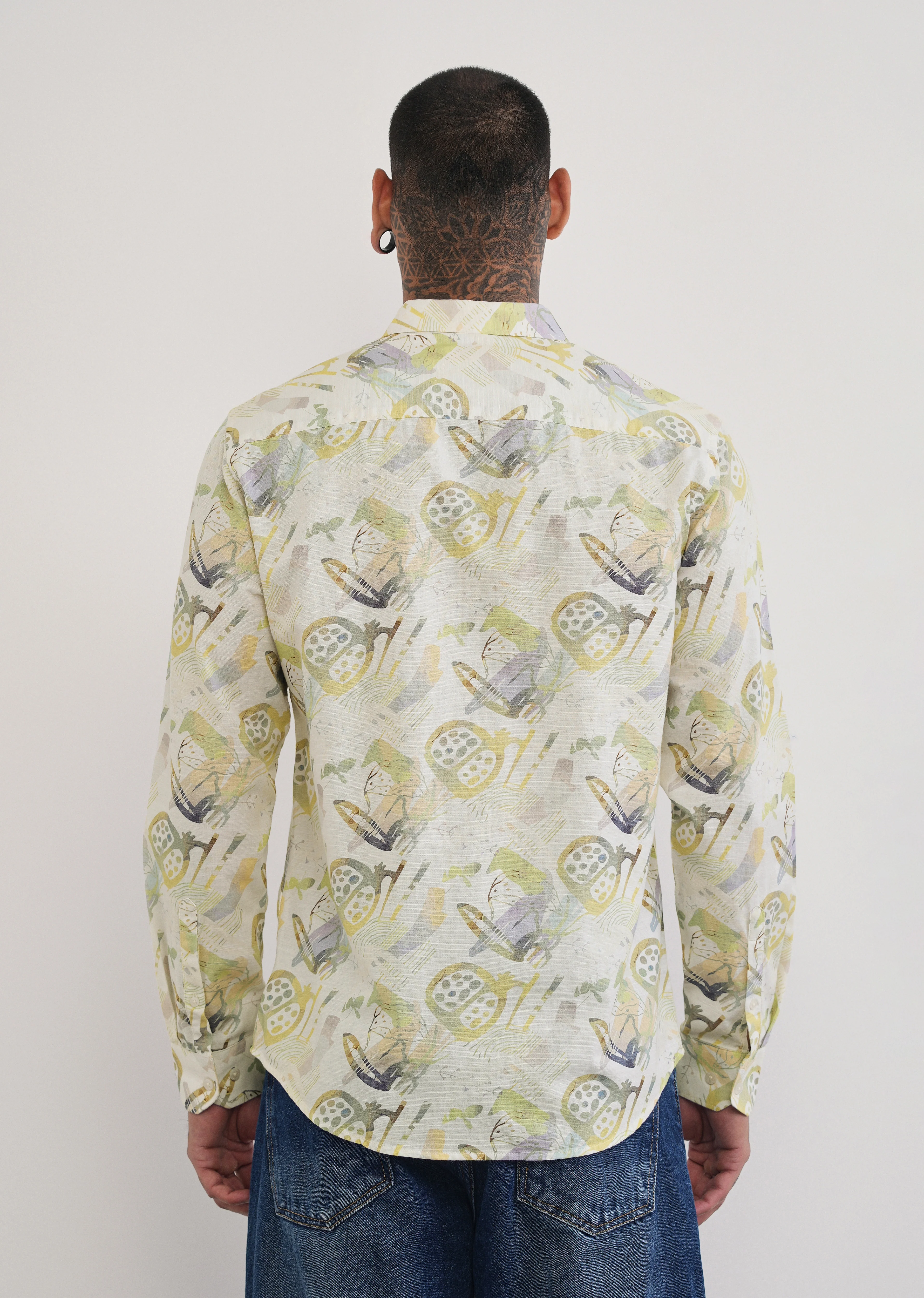 Green Artistic Print Cotton Linen Shirt - Image 2