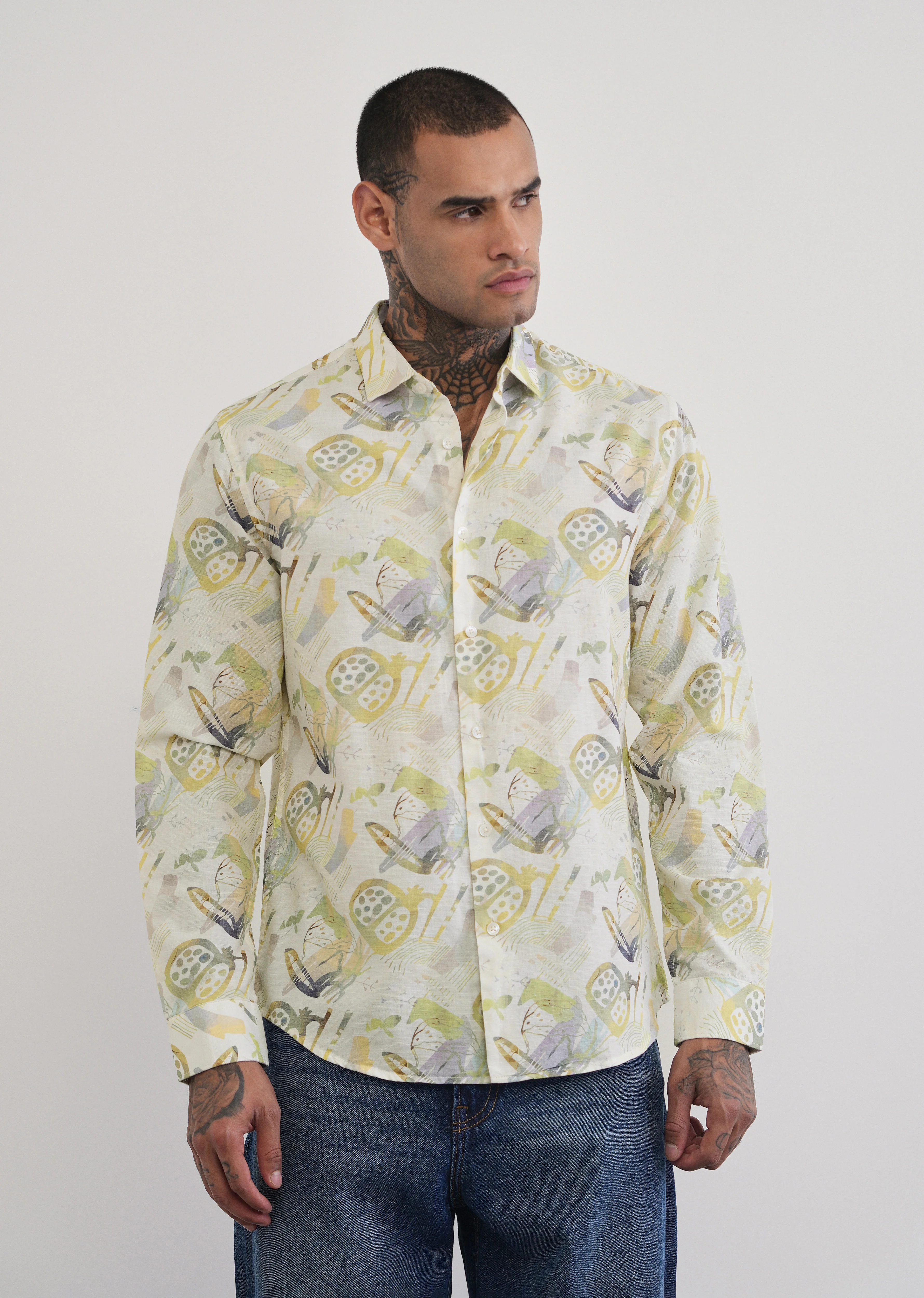 Green Artistic Print Cotton Linen Shirt - Image 3