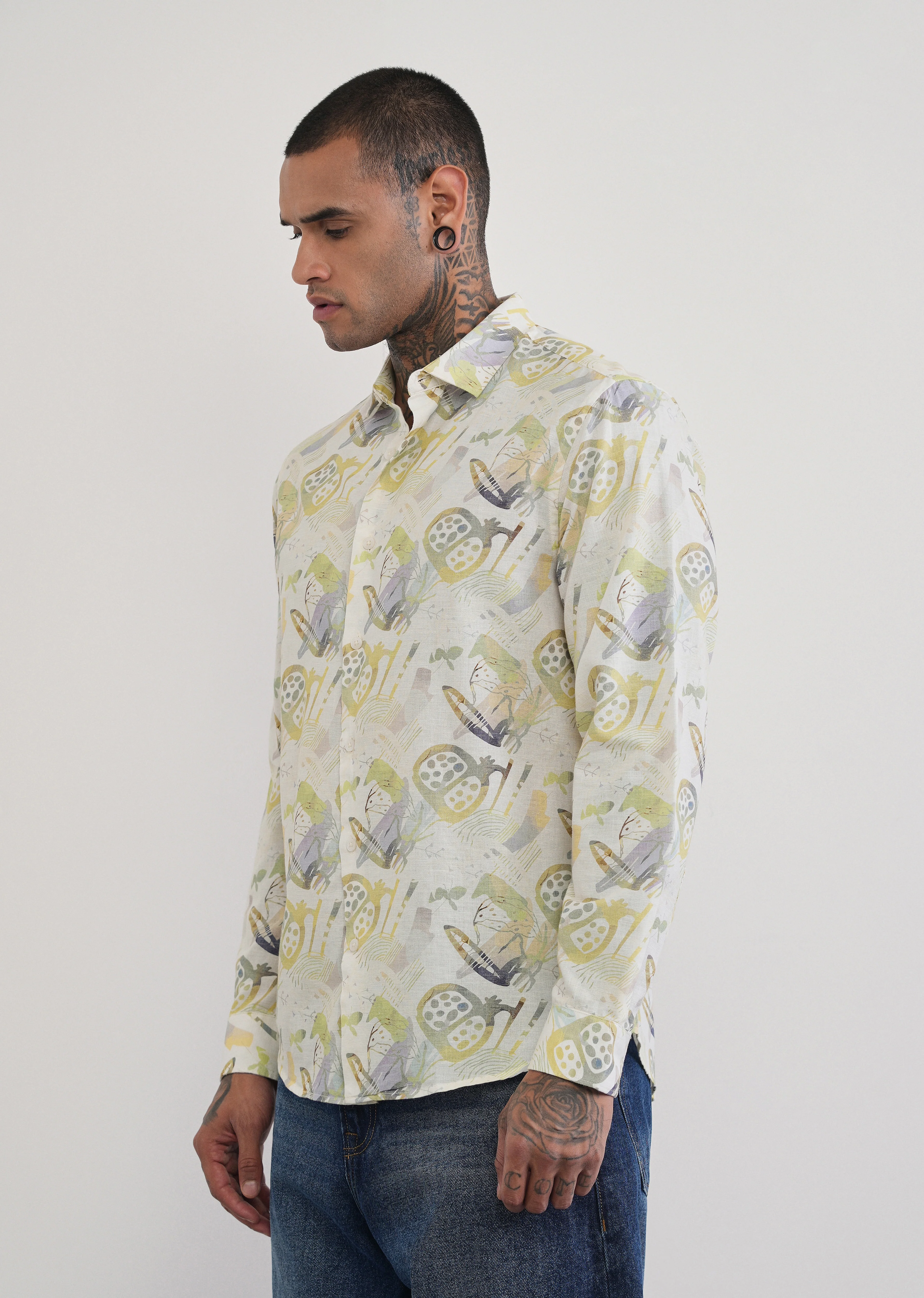Green Artistic Print Cotton Linen Shirt - Image 4