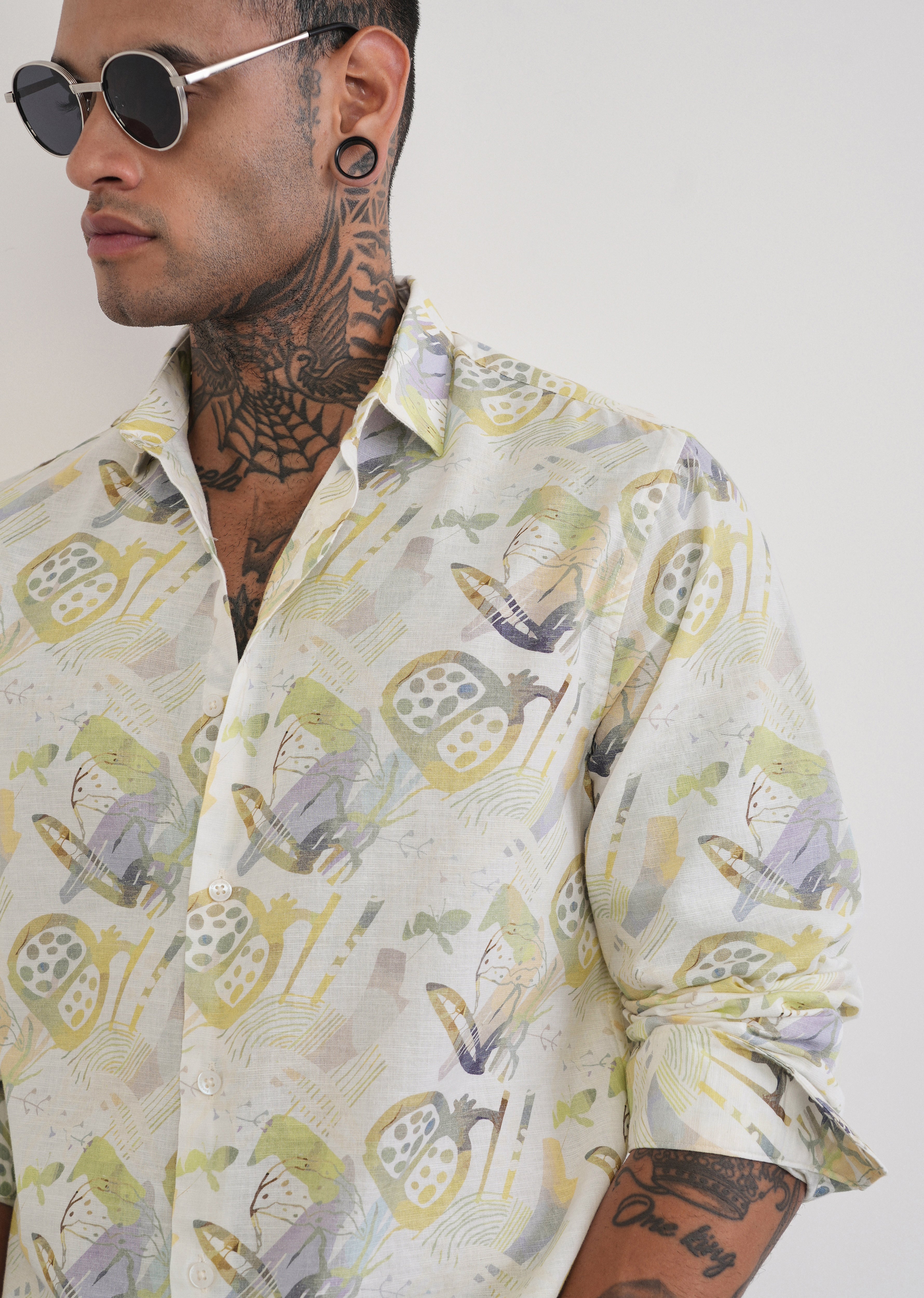 Green Artistic Print Cotton Linen Shirt - Image 5