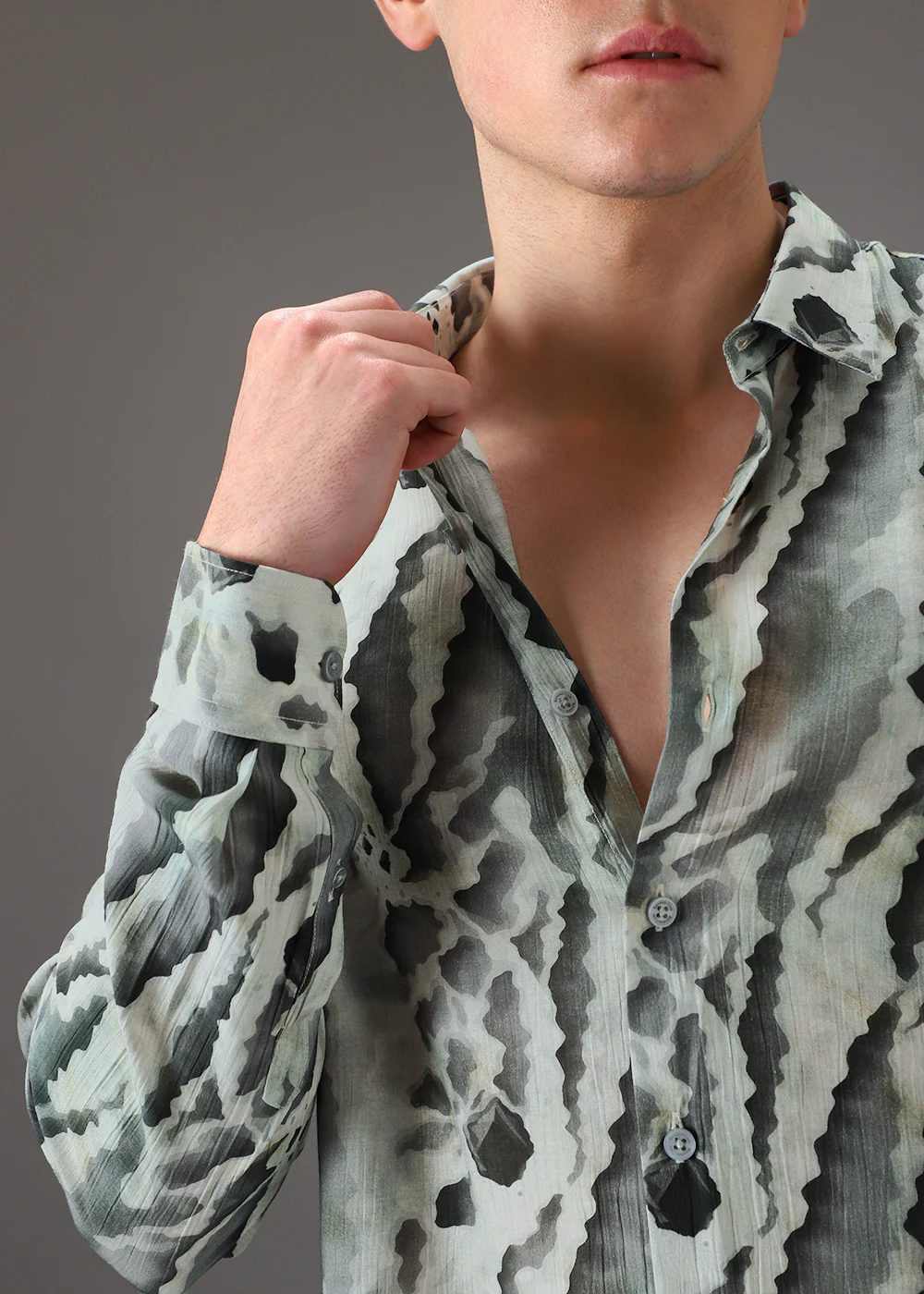Green Beige Crushed Printed Shirt - Image 2