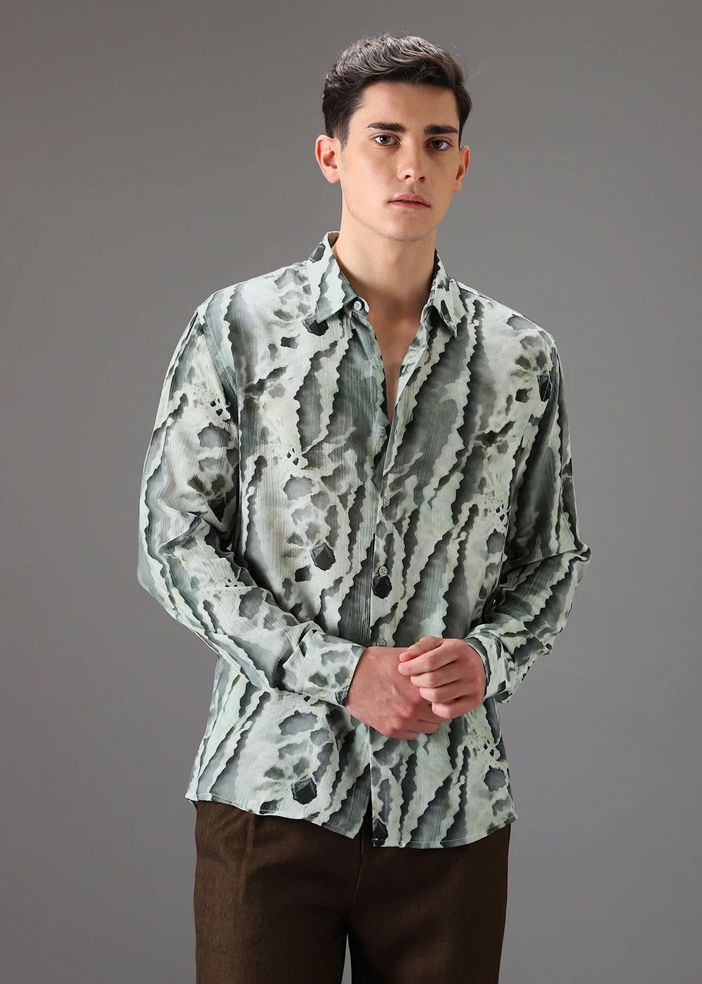 Green Beige Crushed Printed Shirt - Image 3