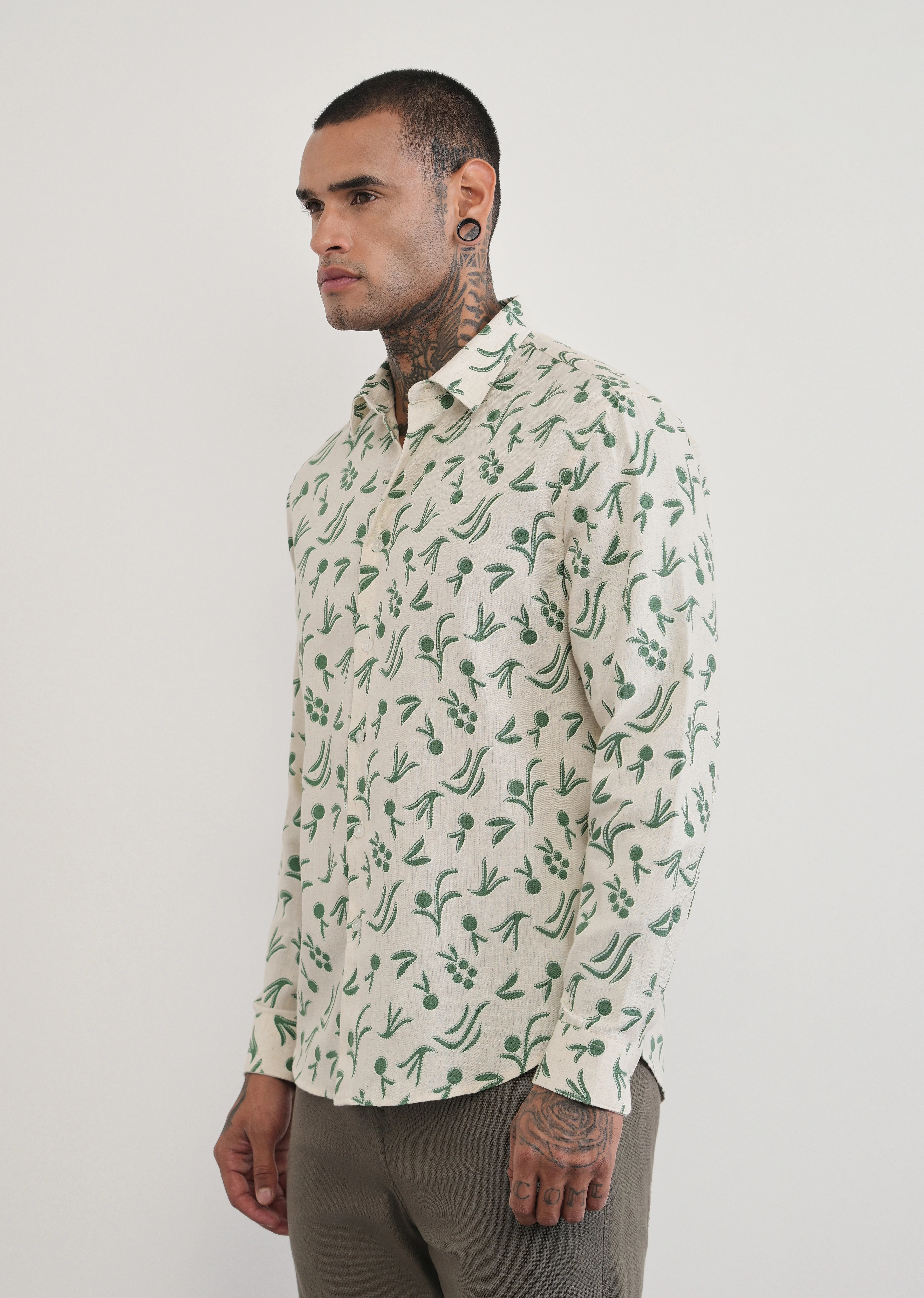 Green Blended Linen Printed Shirt - Image 4