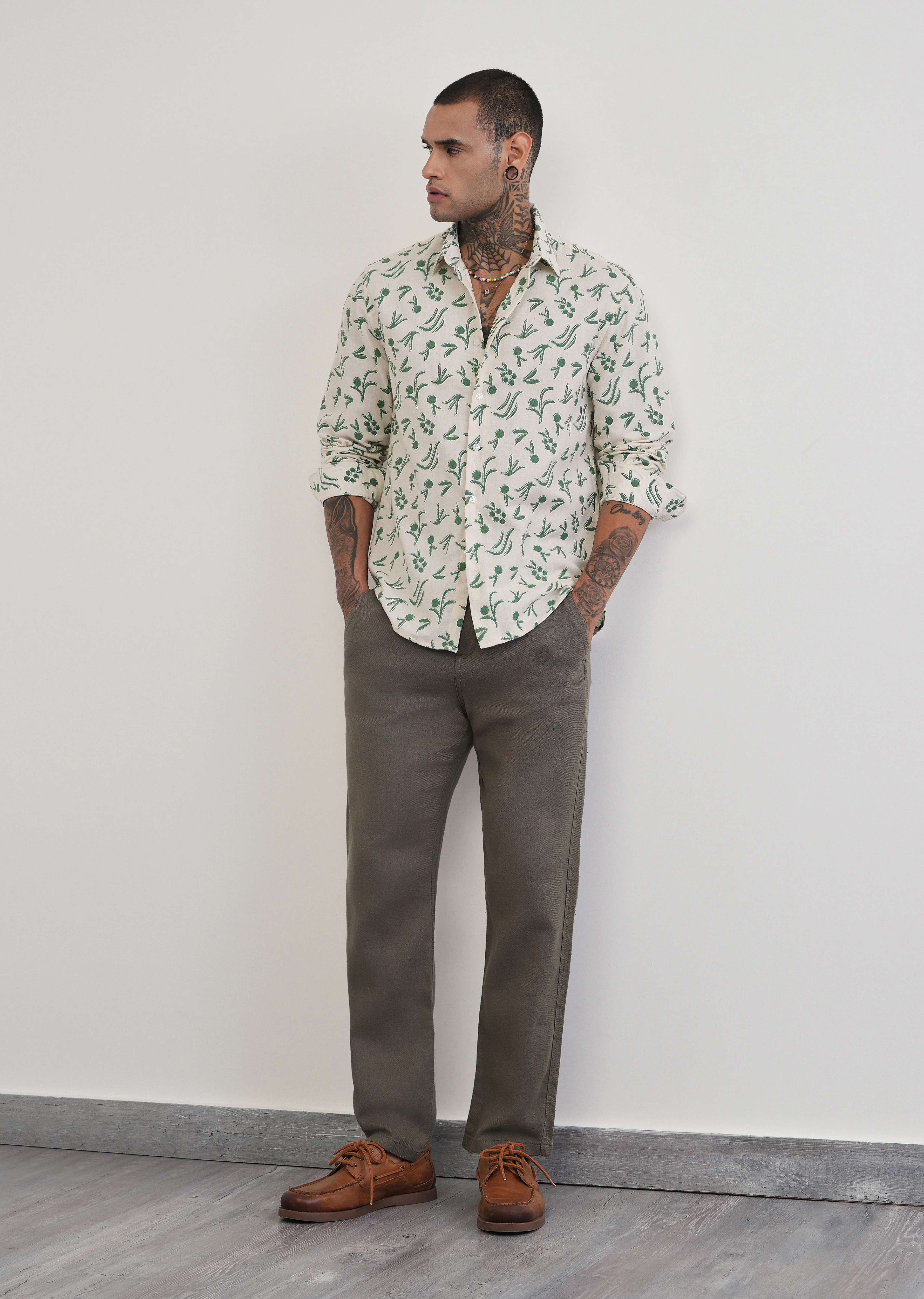 Green Blended Linen Printed Shirt - Image 6