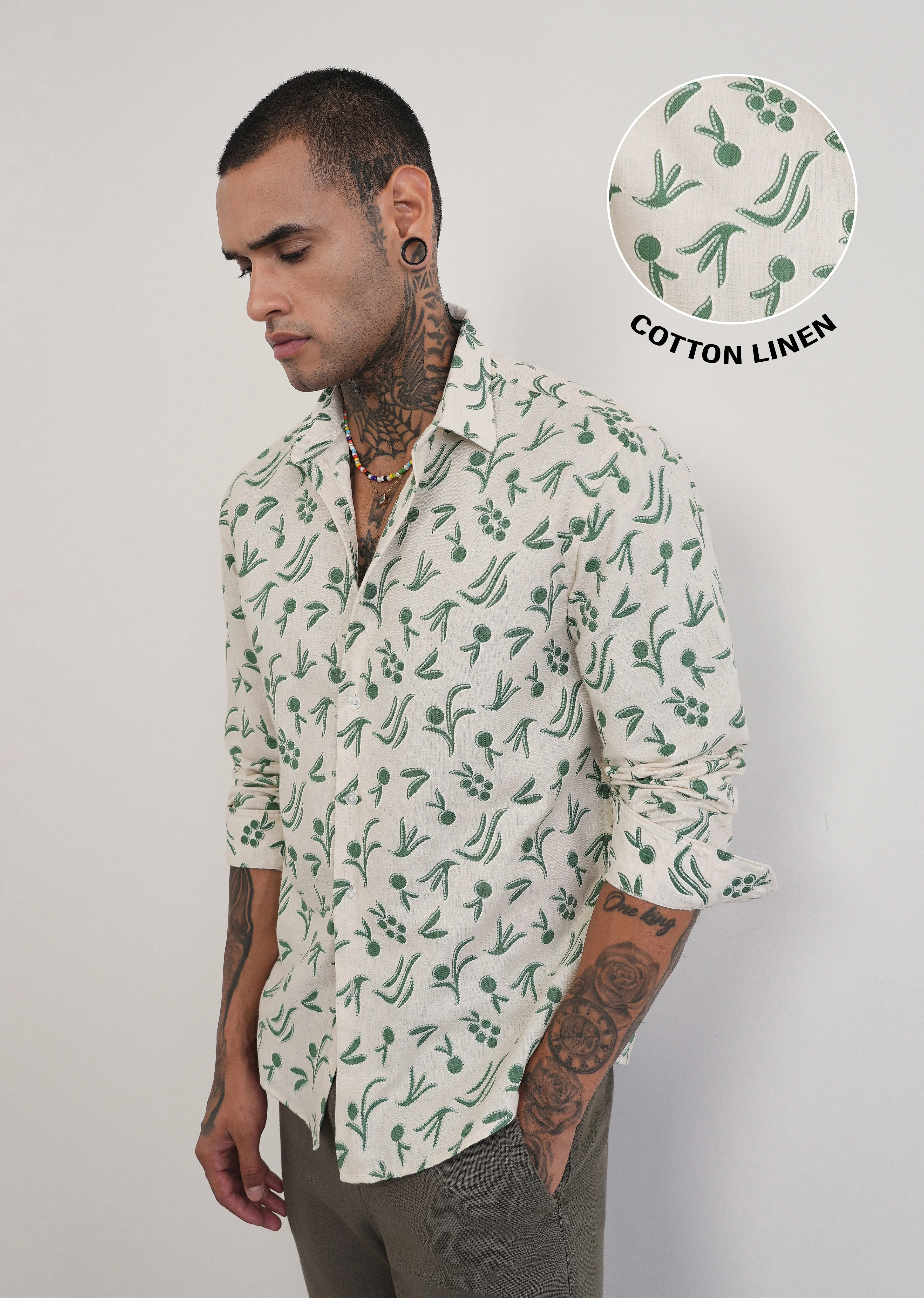 Green Blended Linen Printed Shirt - Image 7