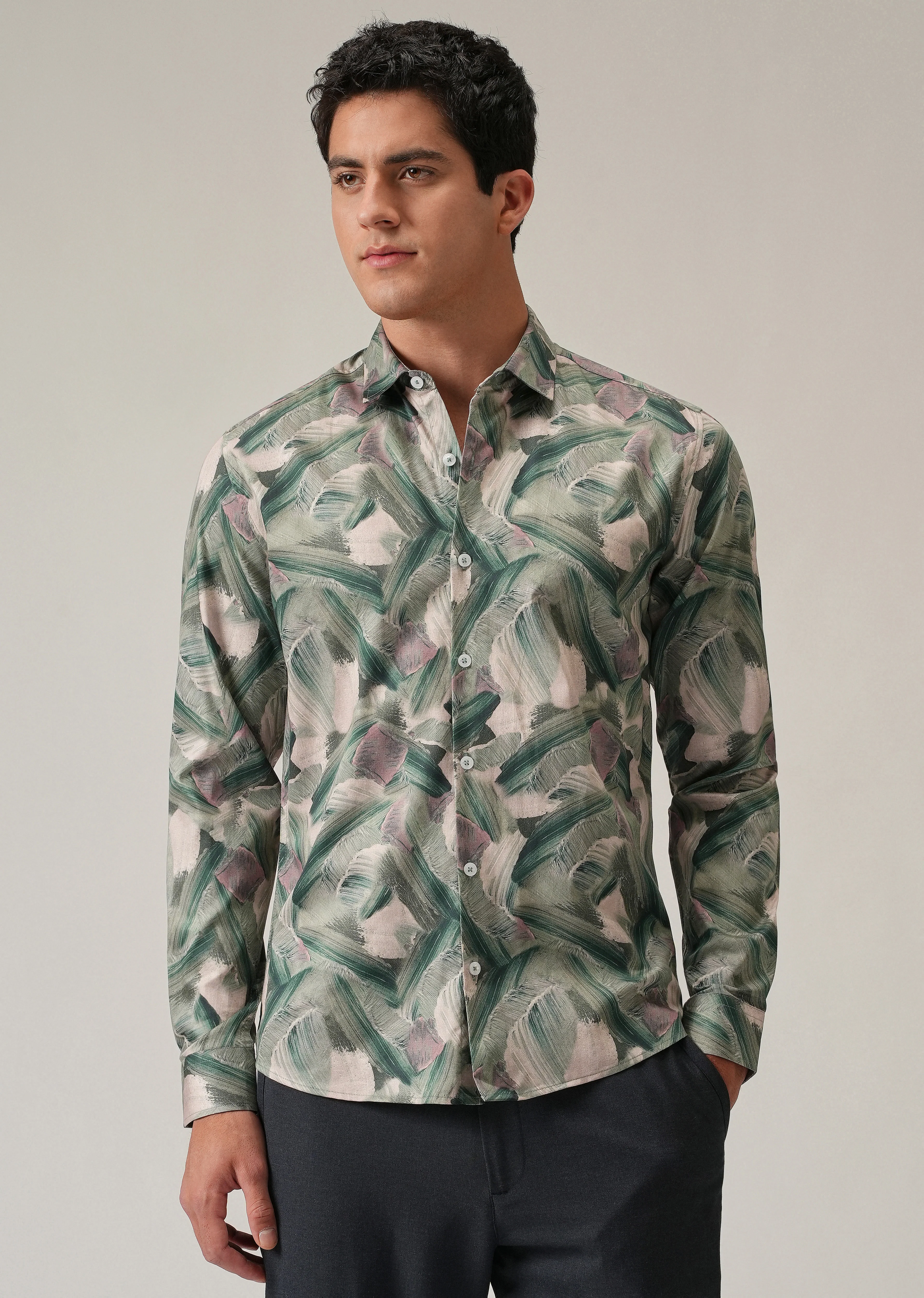 Green Brushstroke Abstract Print Shirt - Image 3
