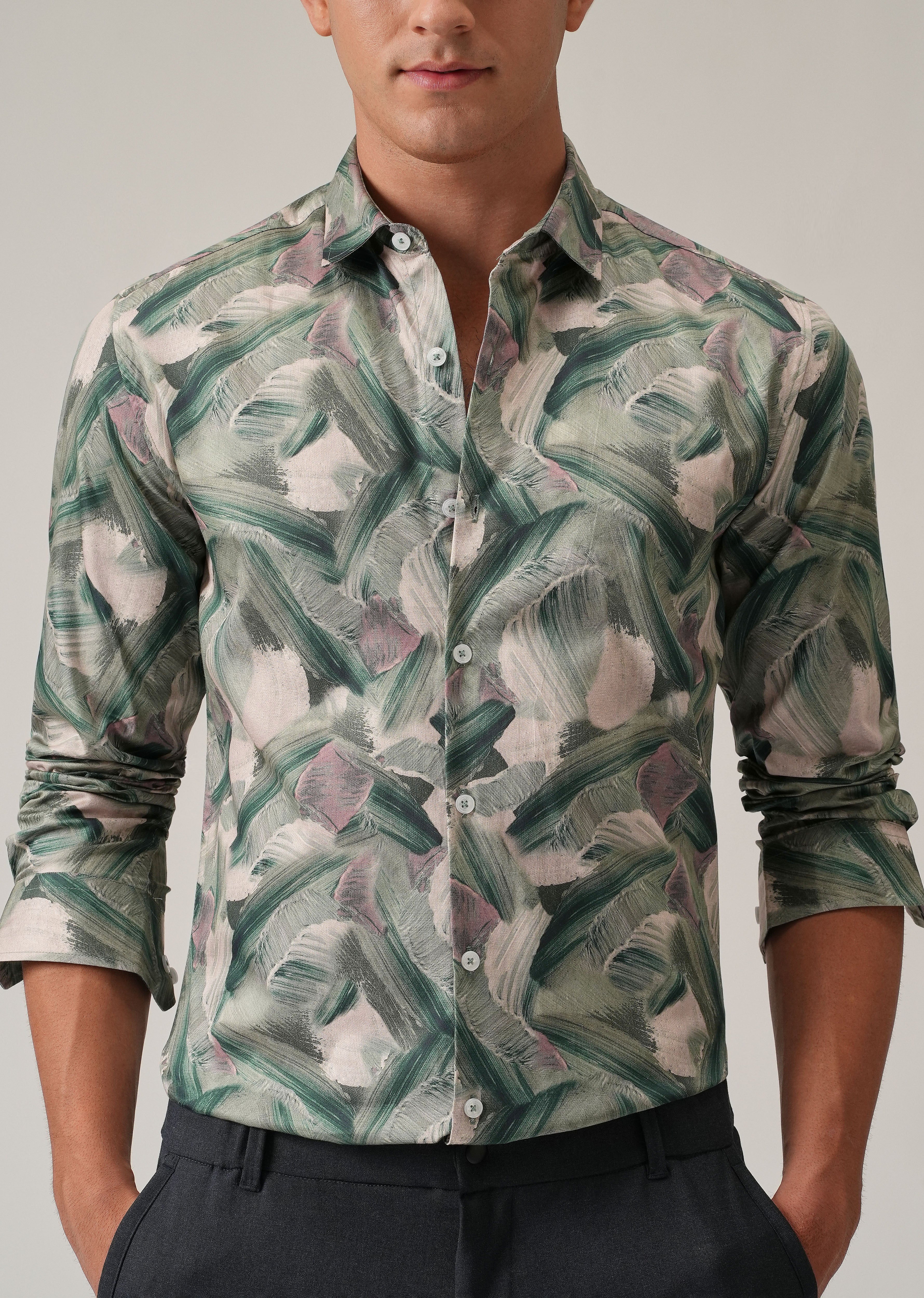 Green Brushstroke Abstract Print Shirt - Image 7