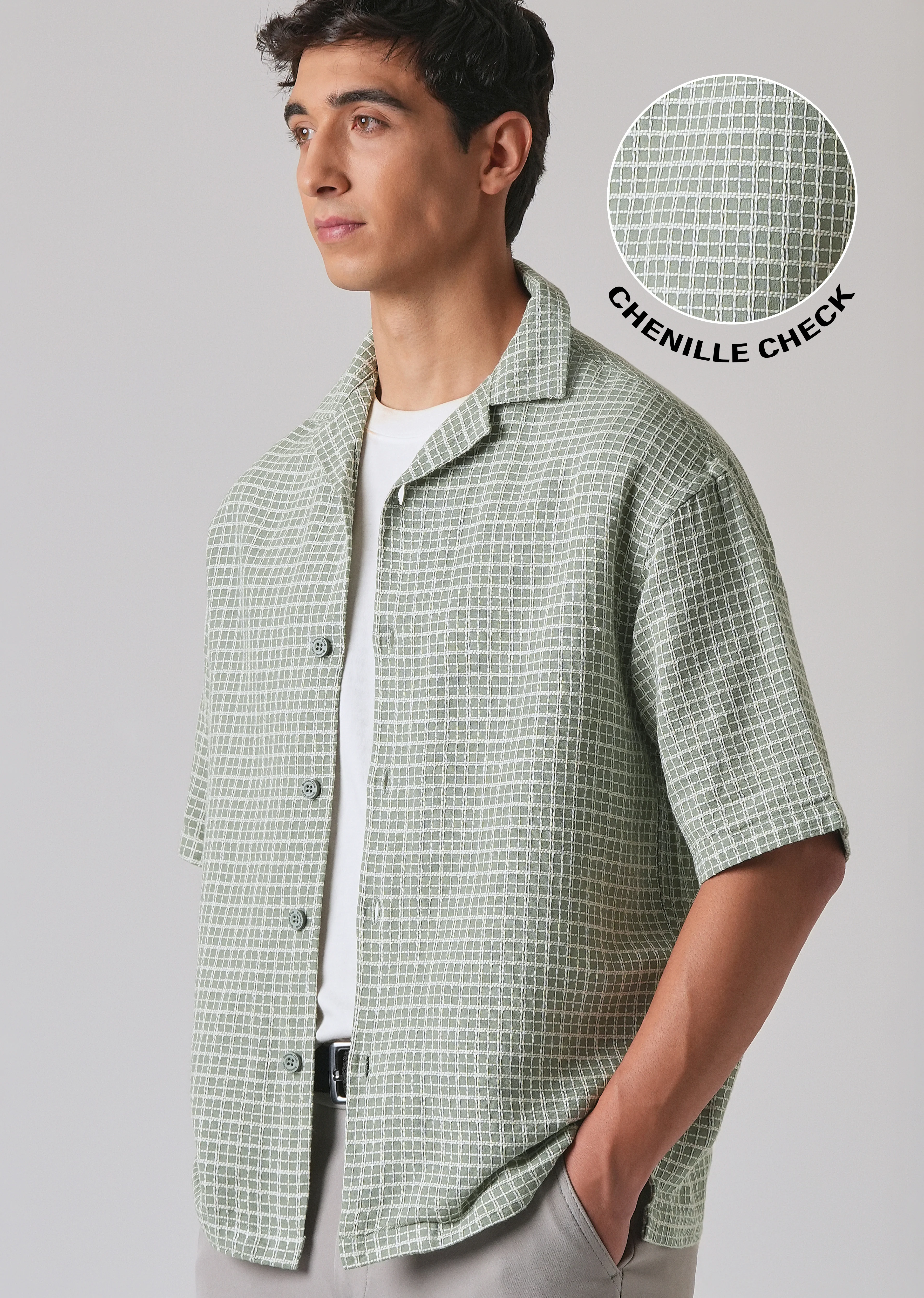 Green Cotton Chenille Check Shirt - Image 7