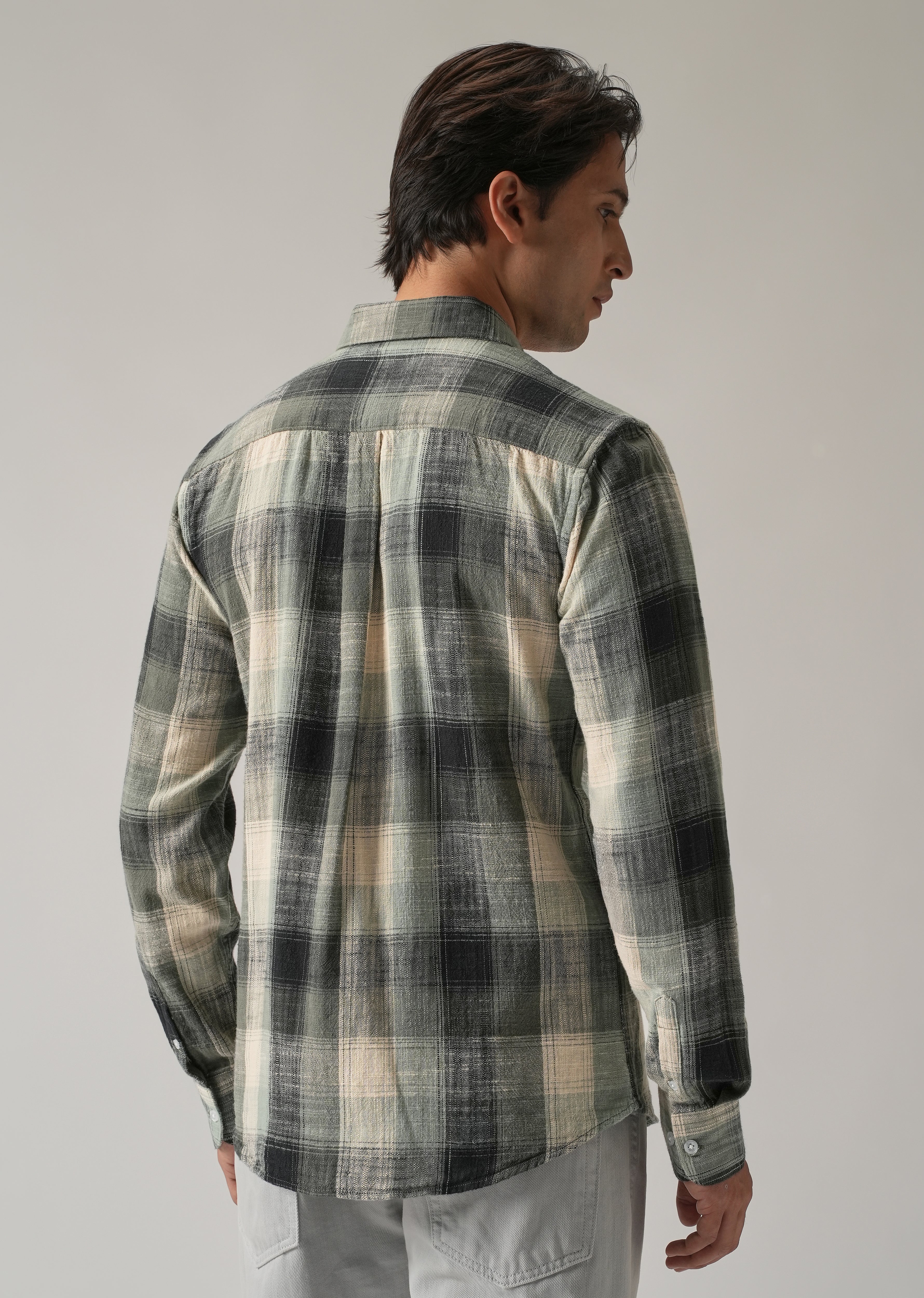Green Cotton Linen Box Check shirt - Image 2