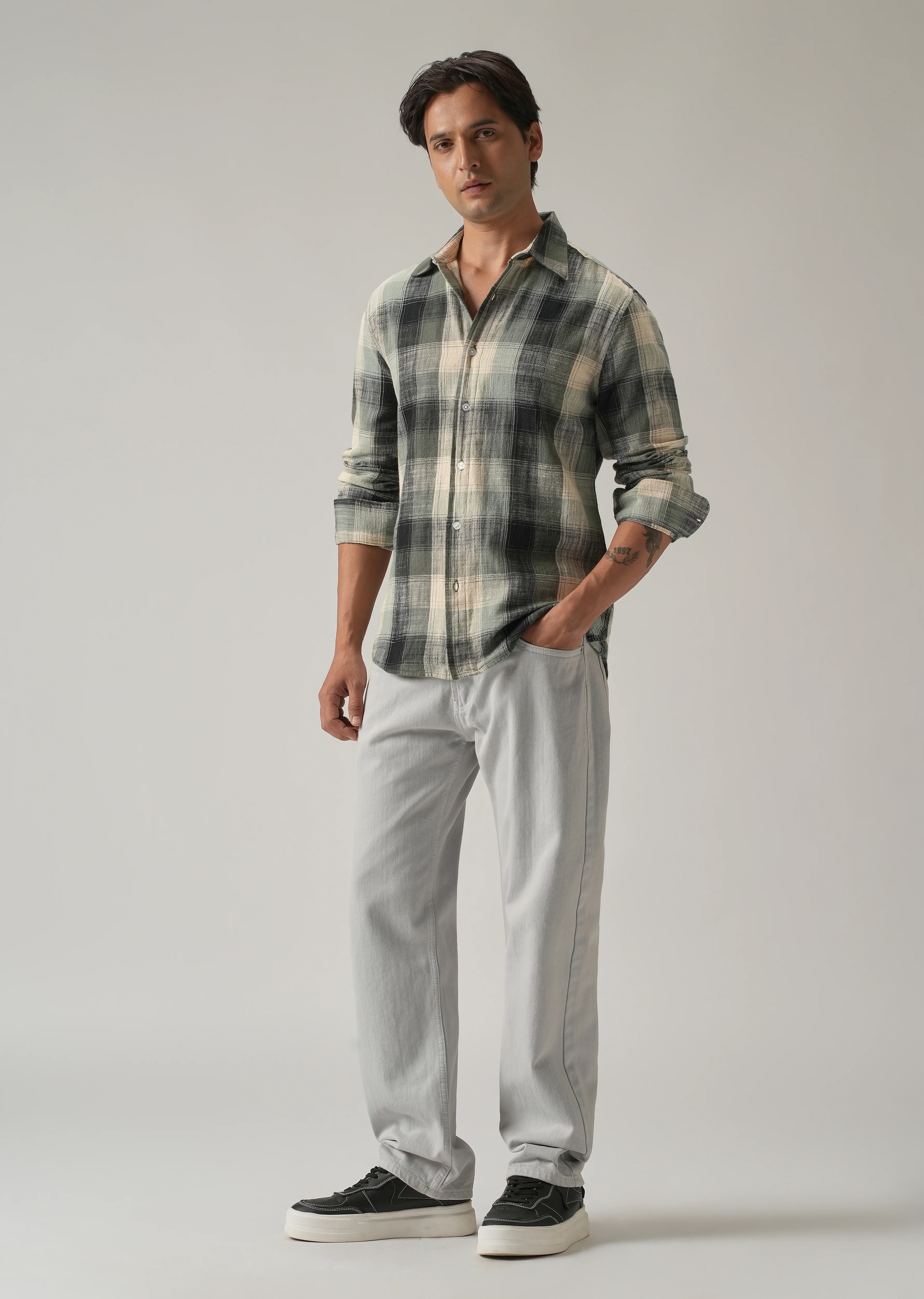 Green Cotton Linen Box Check shirt - Image 6