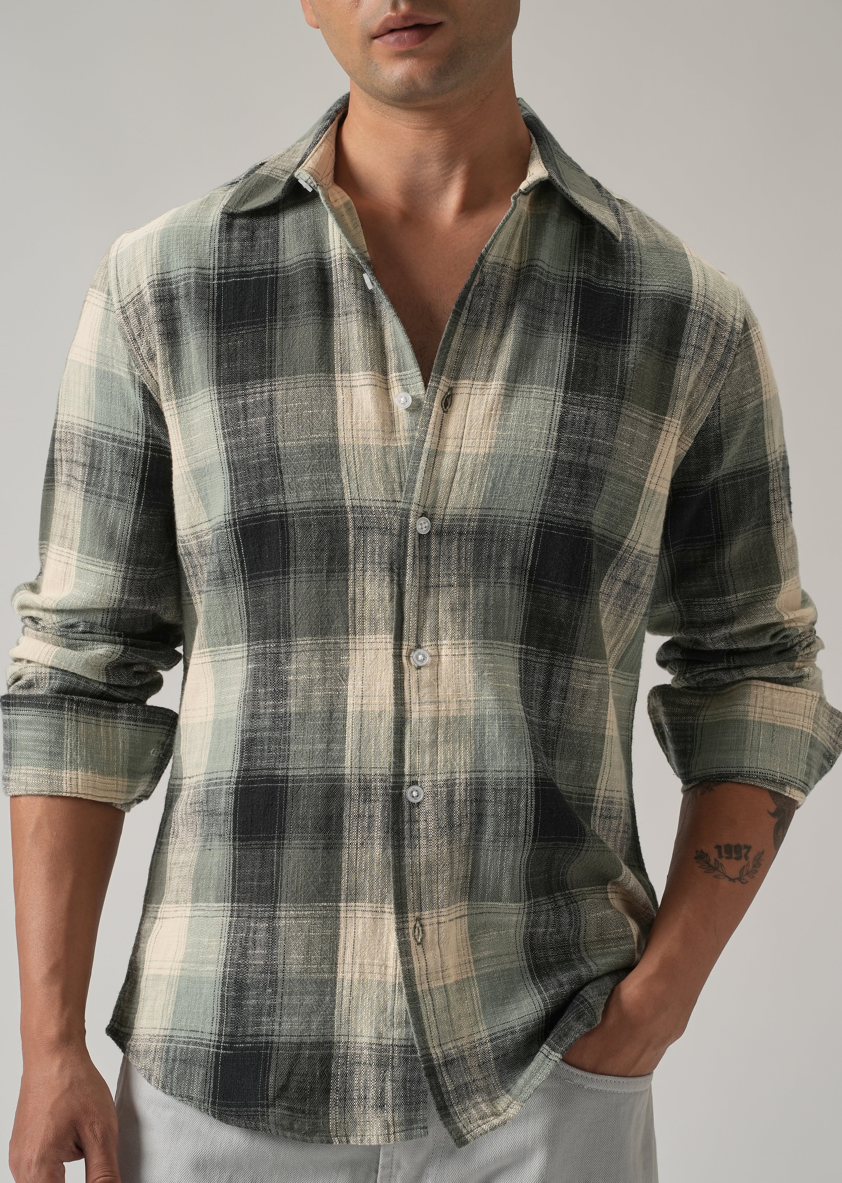 Green Cotton Linen Box Check shirt - Image 7