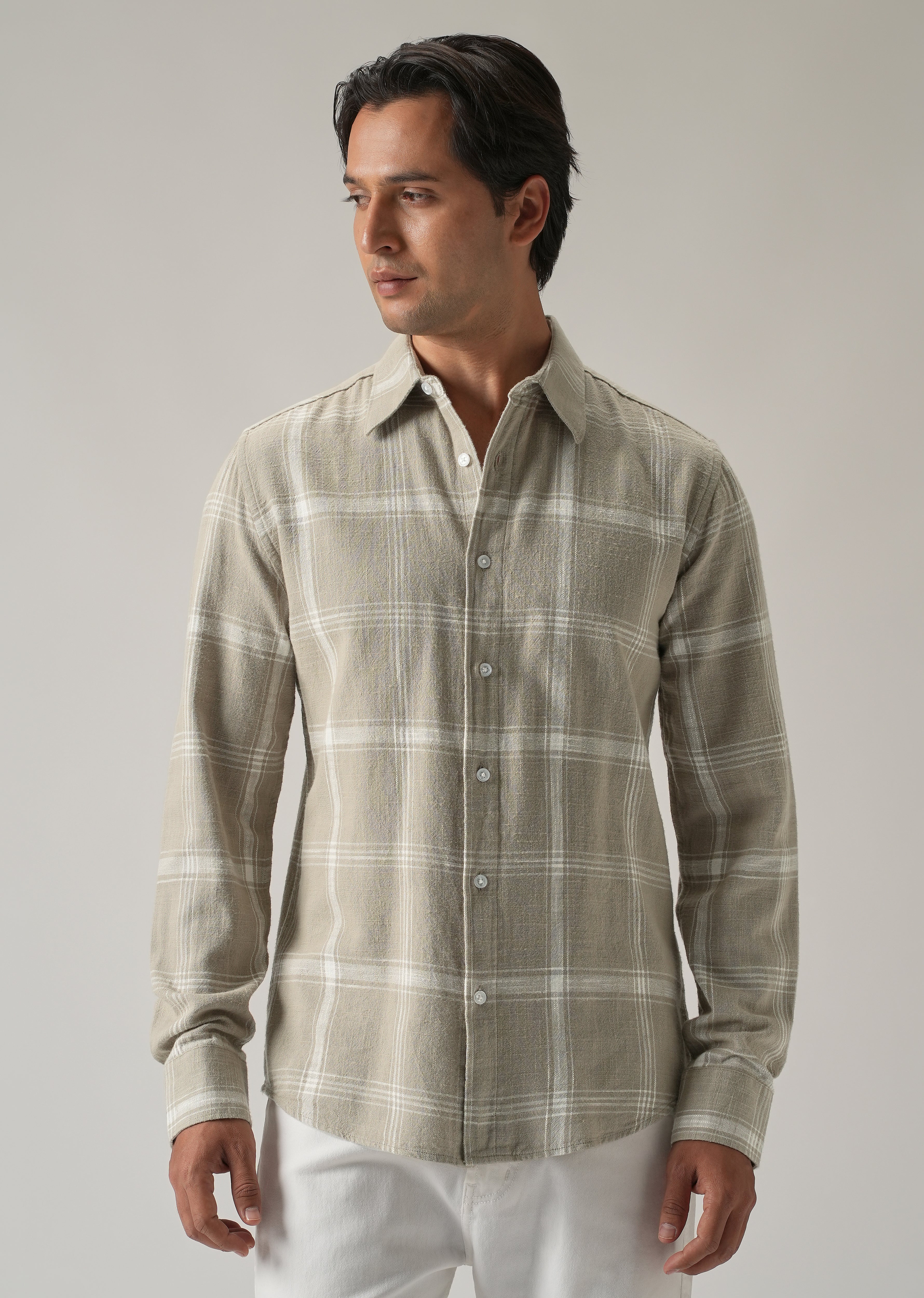 Green Cotton Linen Check shirt - Image 3