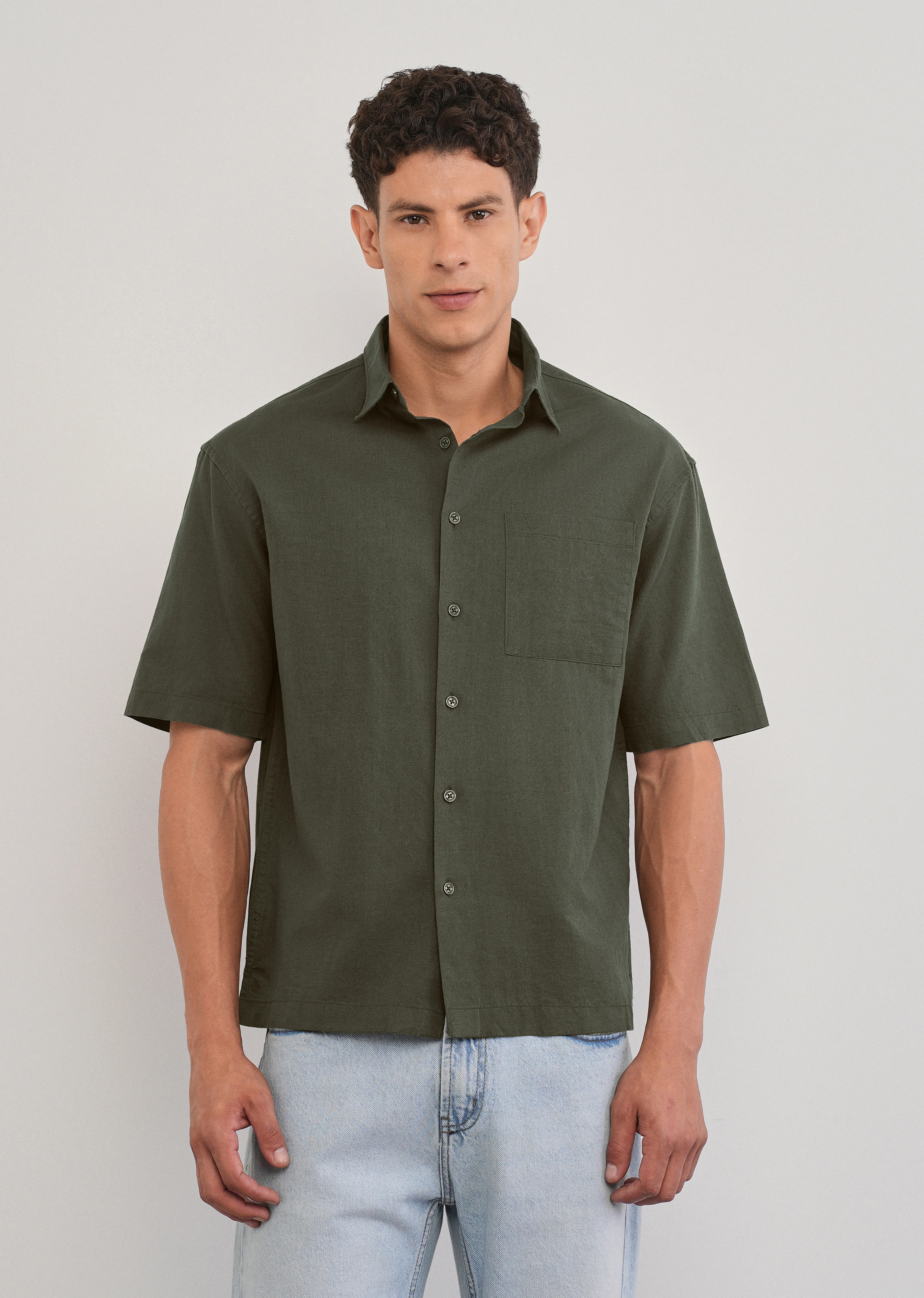 Green Cotton Linen Half Sleeve Shirt - Image 3