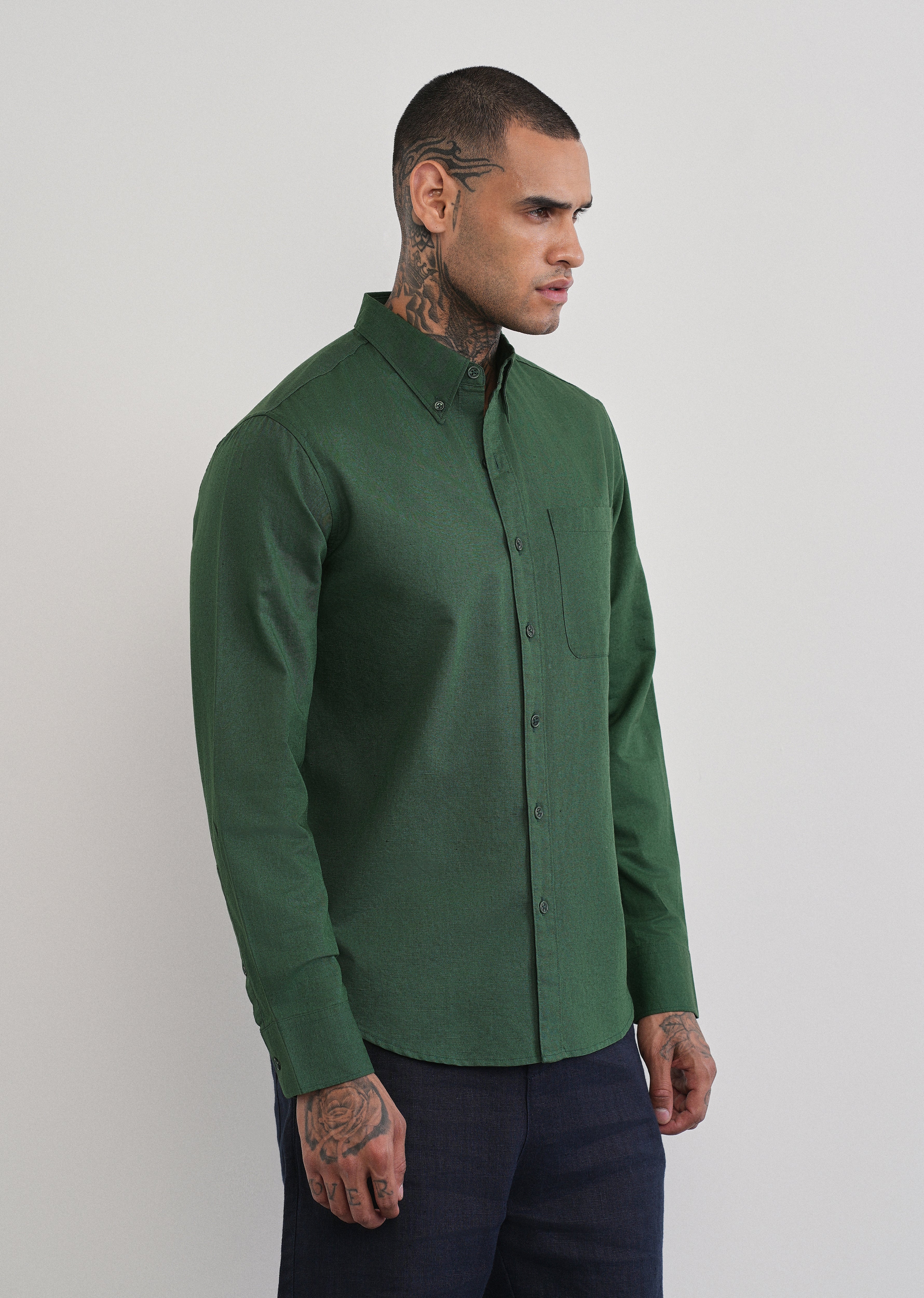 Green Cotton Linen Plain Shirt - Image 4