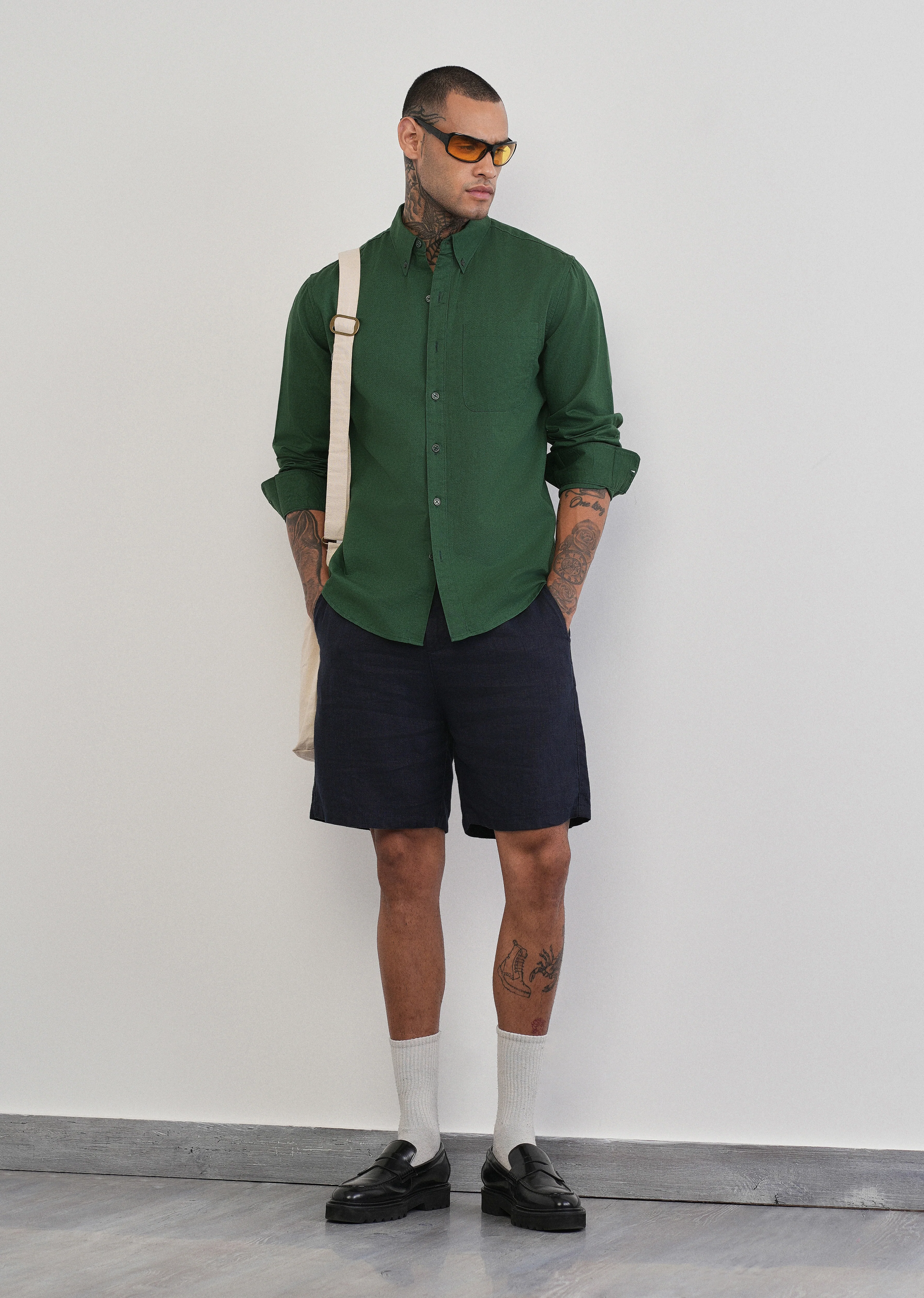 Green Cotton Linen Plain Shirt - Image 6