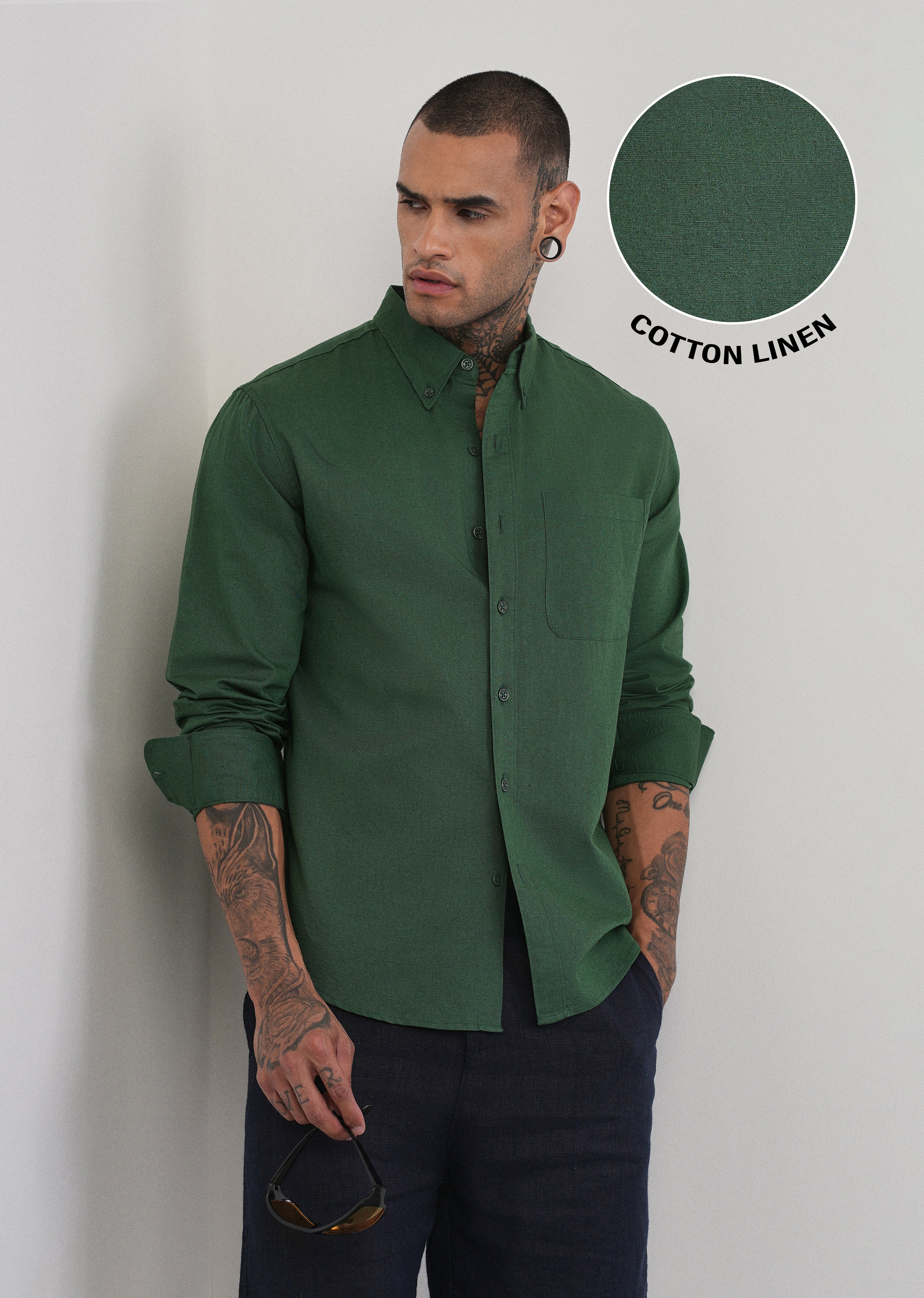 Green Cotton Linen Plain Shirt - Image 7