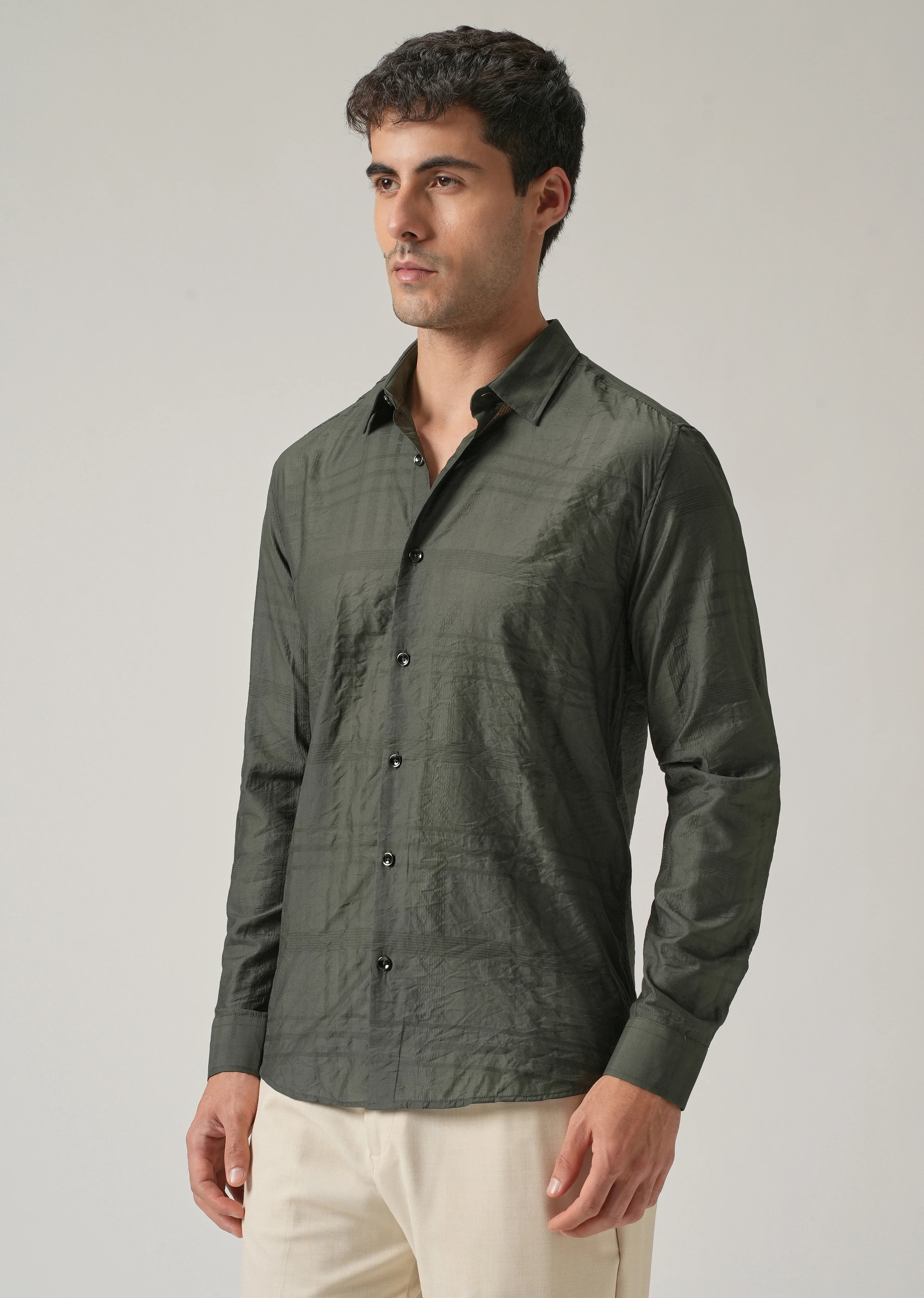 Green Crinkled Self Stripe Shirt - Image 4