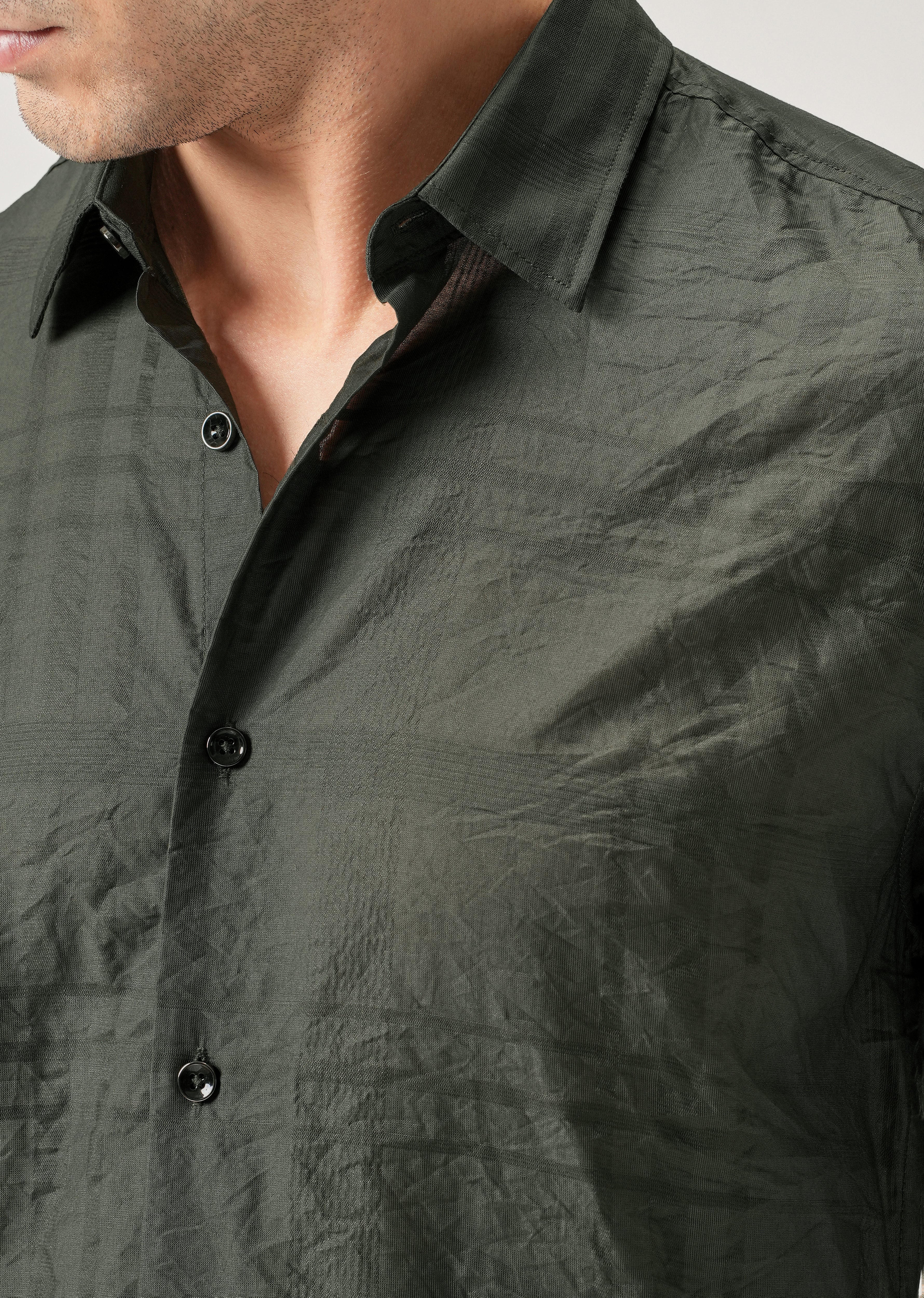 Green Crinkled Self Stripe Shirt - Image 5