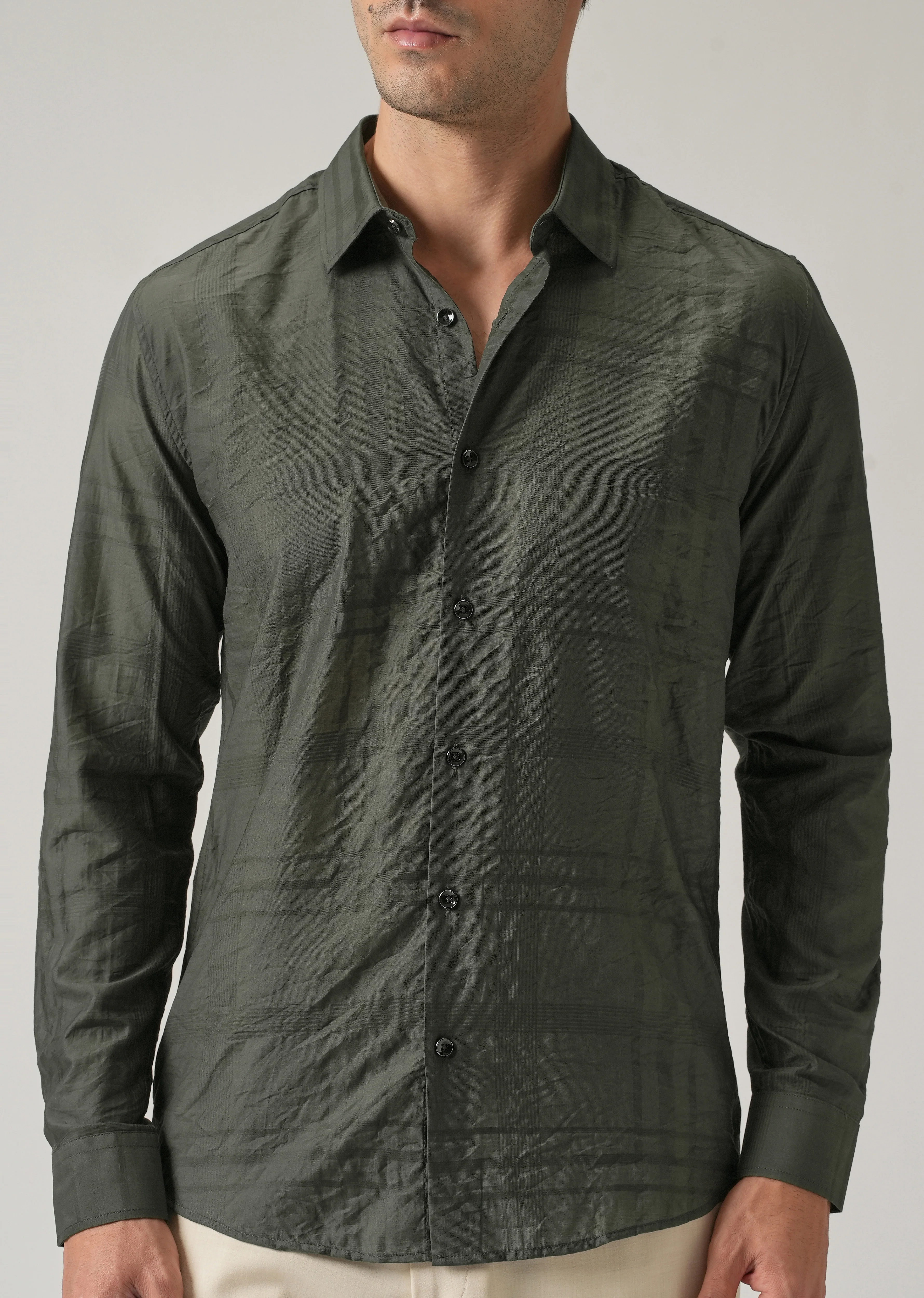 Green Crinkled Self Stripe Shirt - Image 7