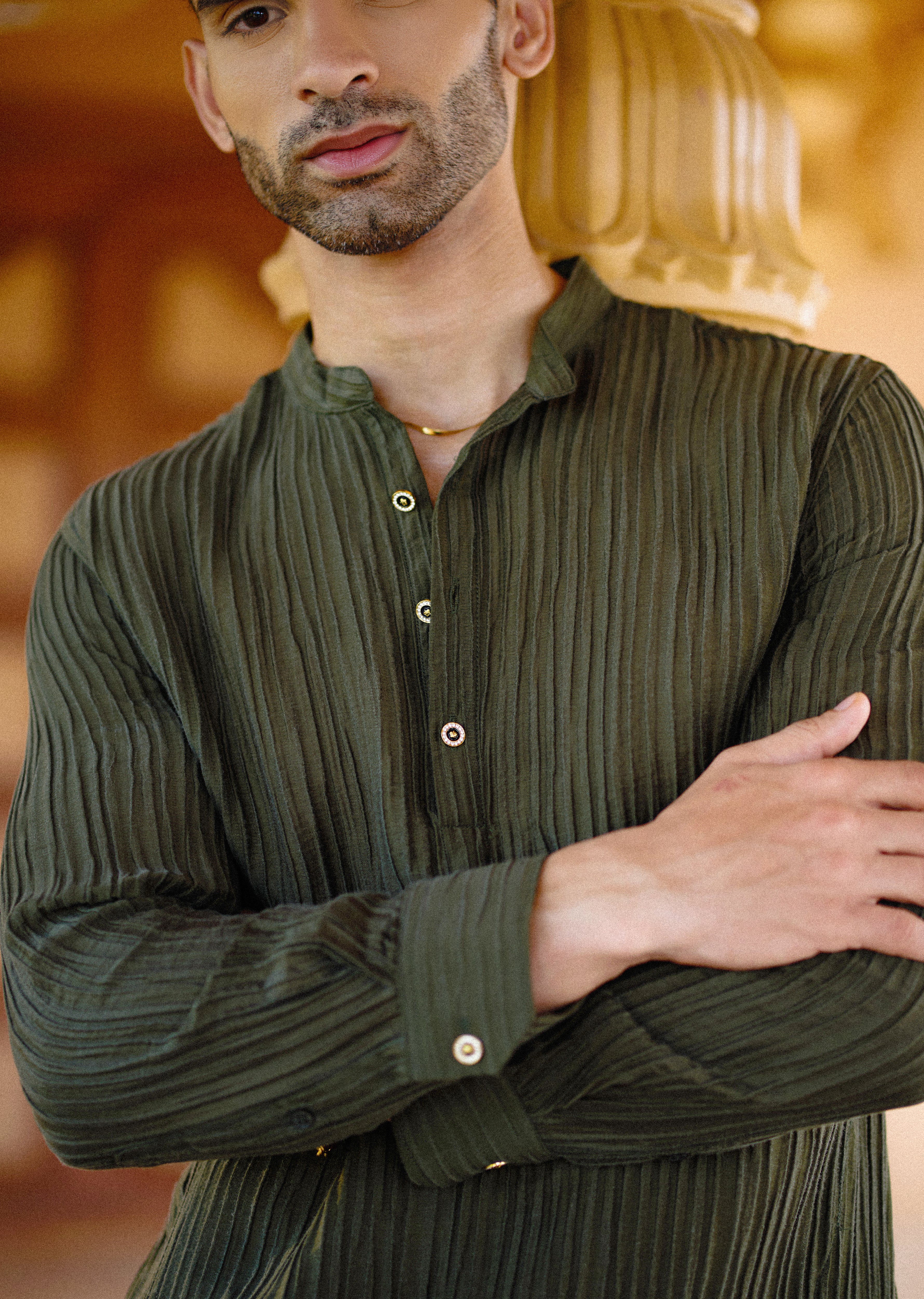 Green Crinkled Stripe Kurta - Image 4