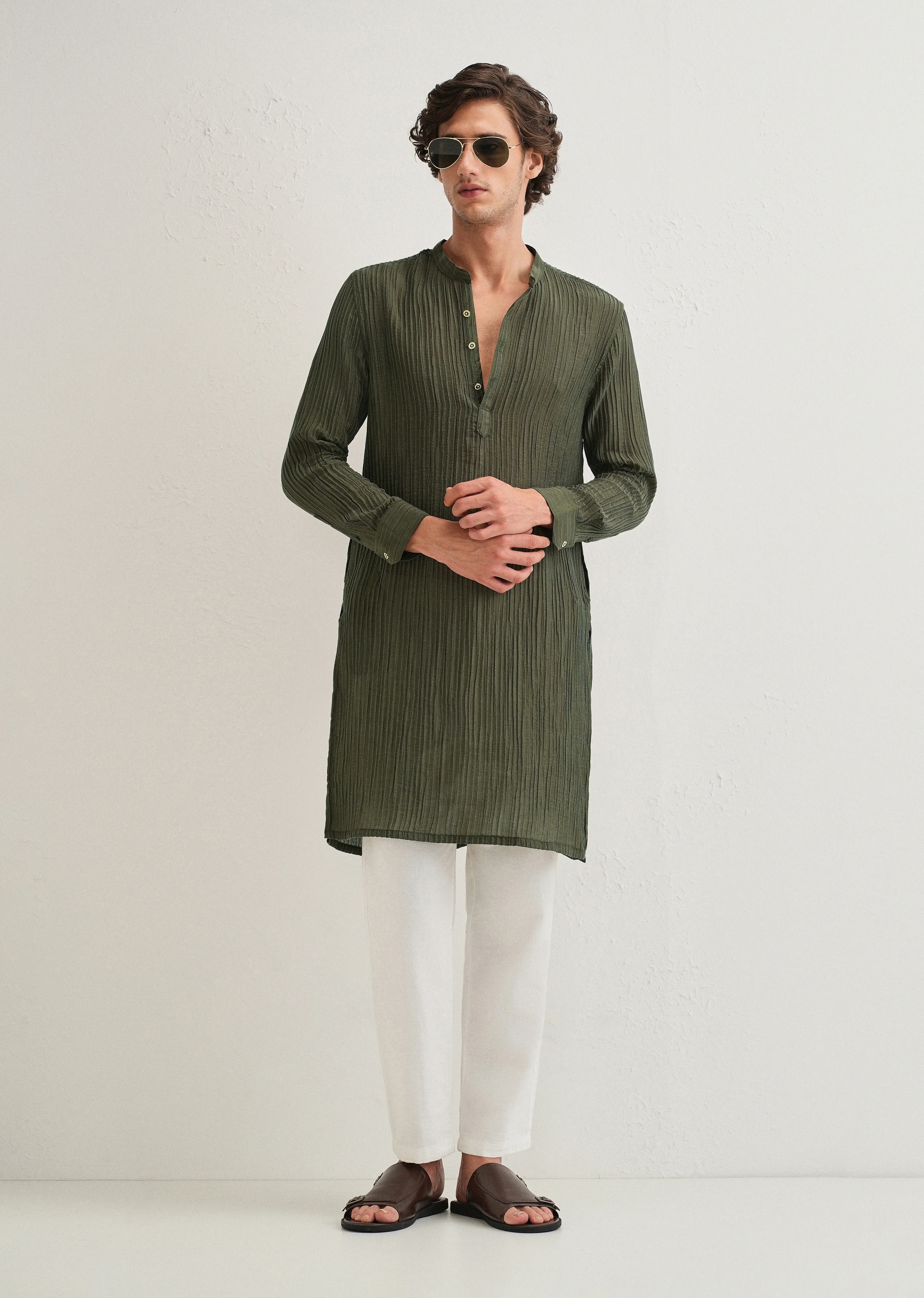 Green Crinkled Stripe Kurta - Image 9