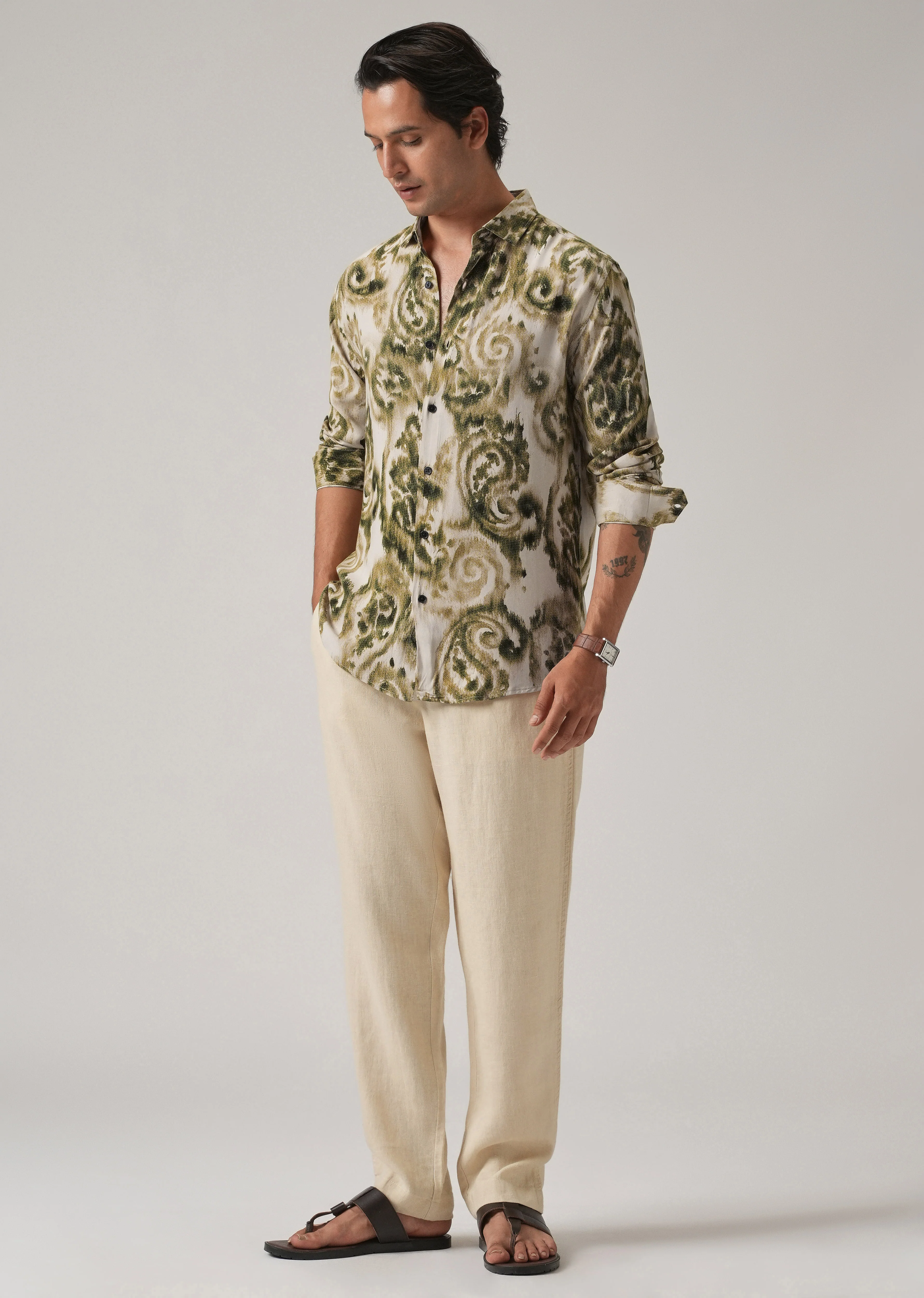 Green Distort Paisley Print Feather Shirt - Image 6