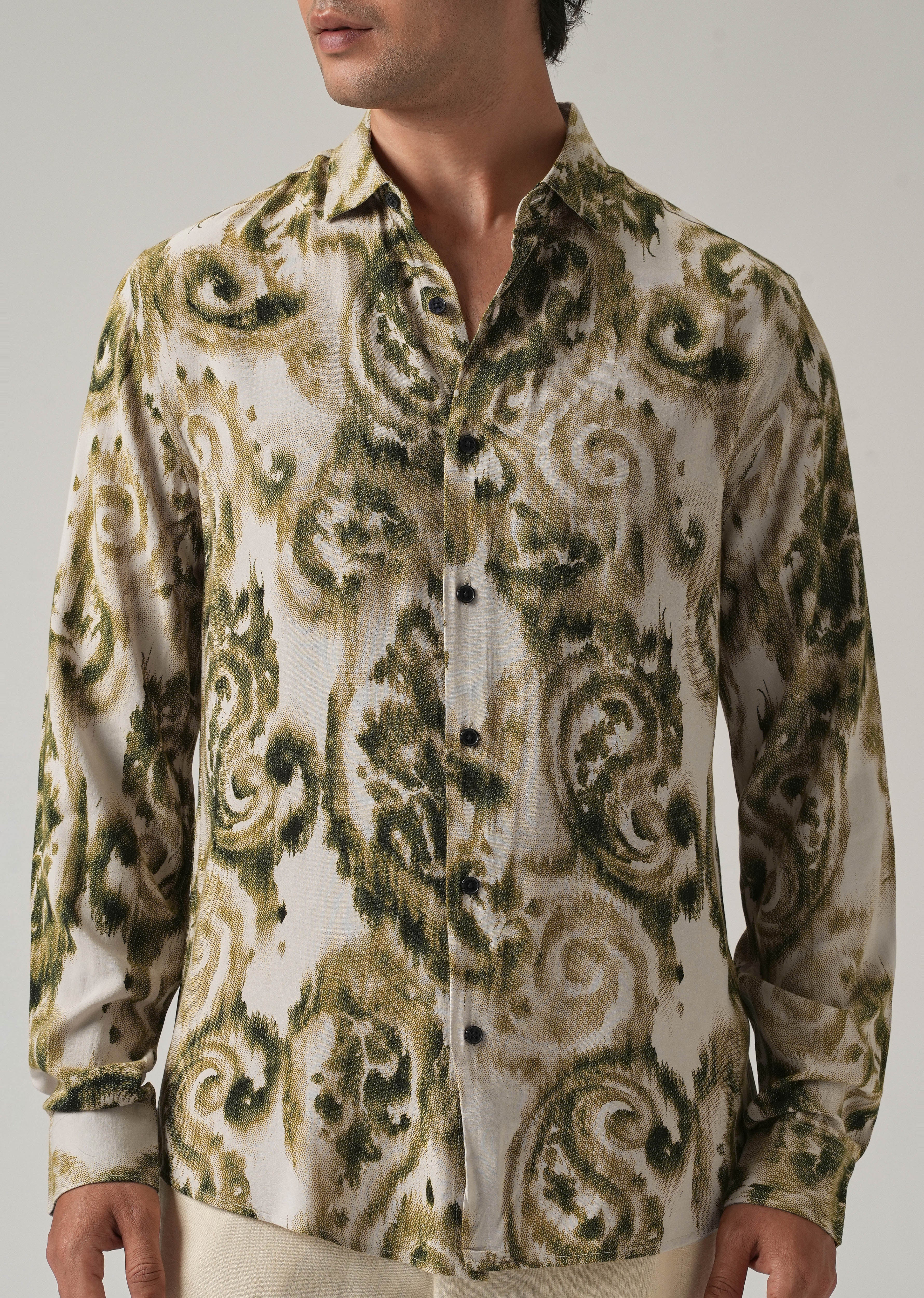 Green Distort Paisley Print Feather Shirt - Image 7