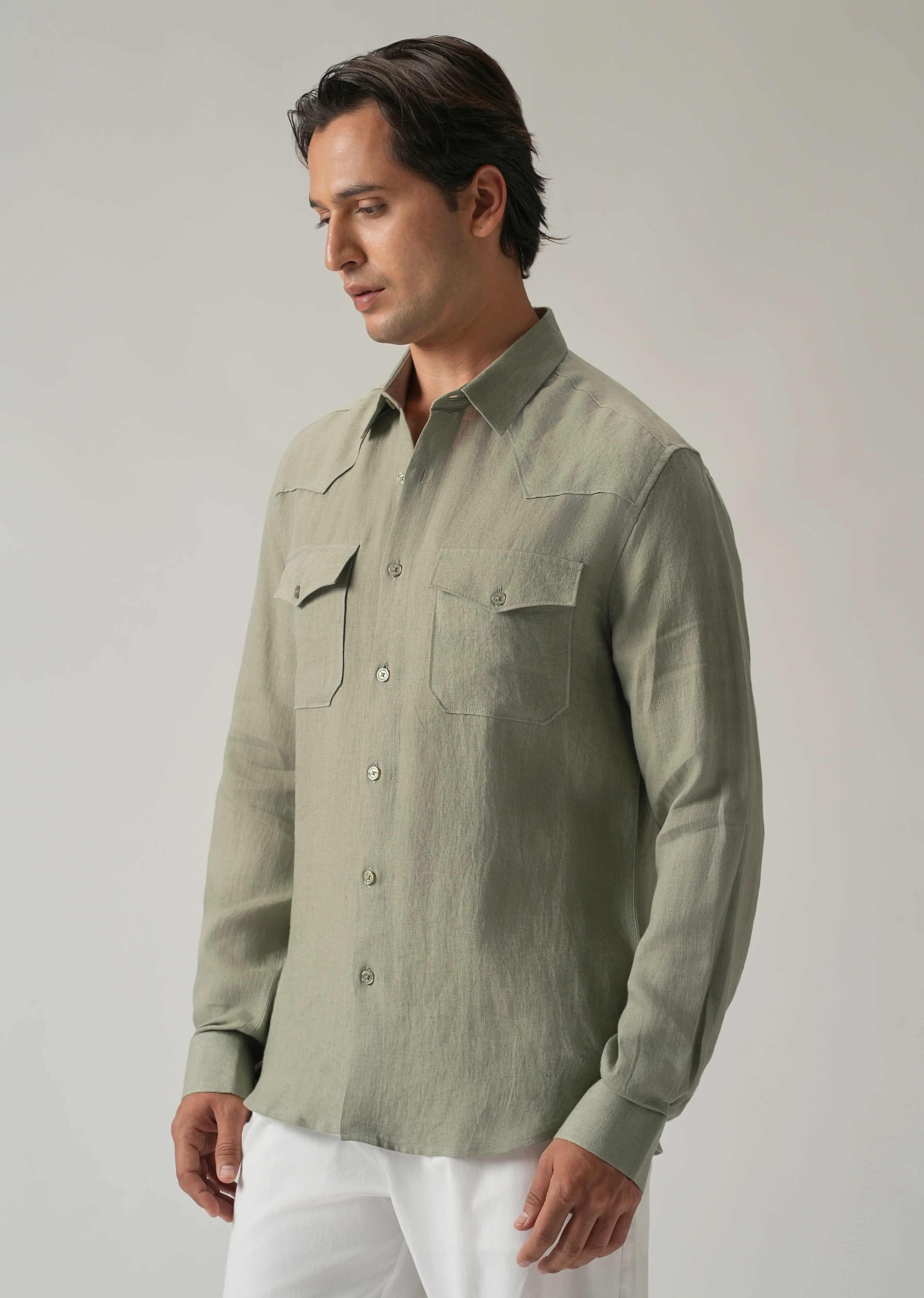 Green Double Pocket 100% Pure Irish Linen Shirt - Image 5