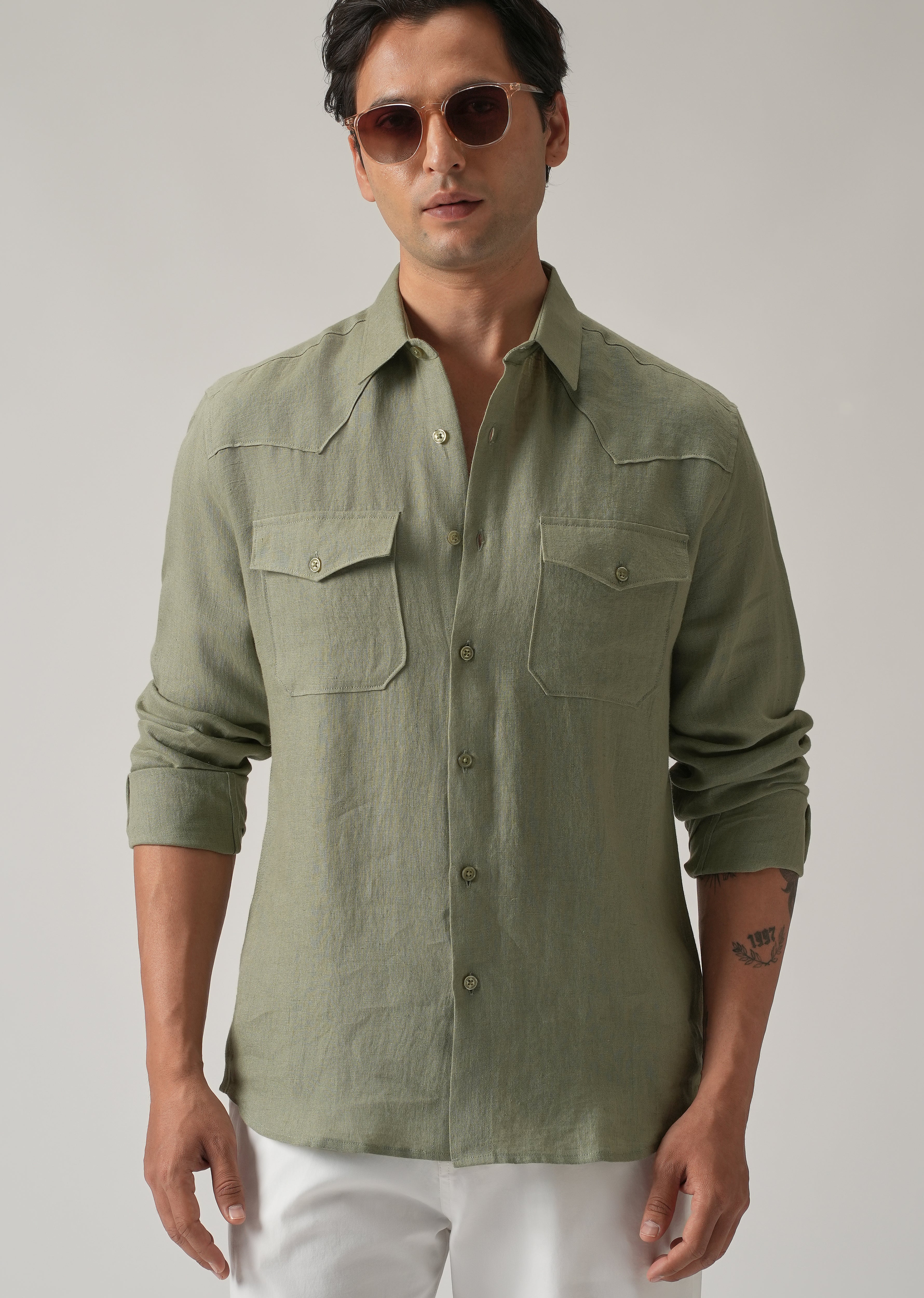 Green Double Pocket 100% Pure Irish Linen Shirt - Image 8
