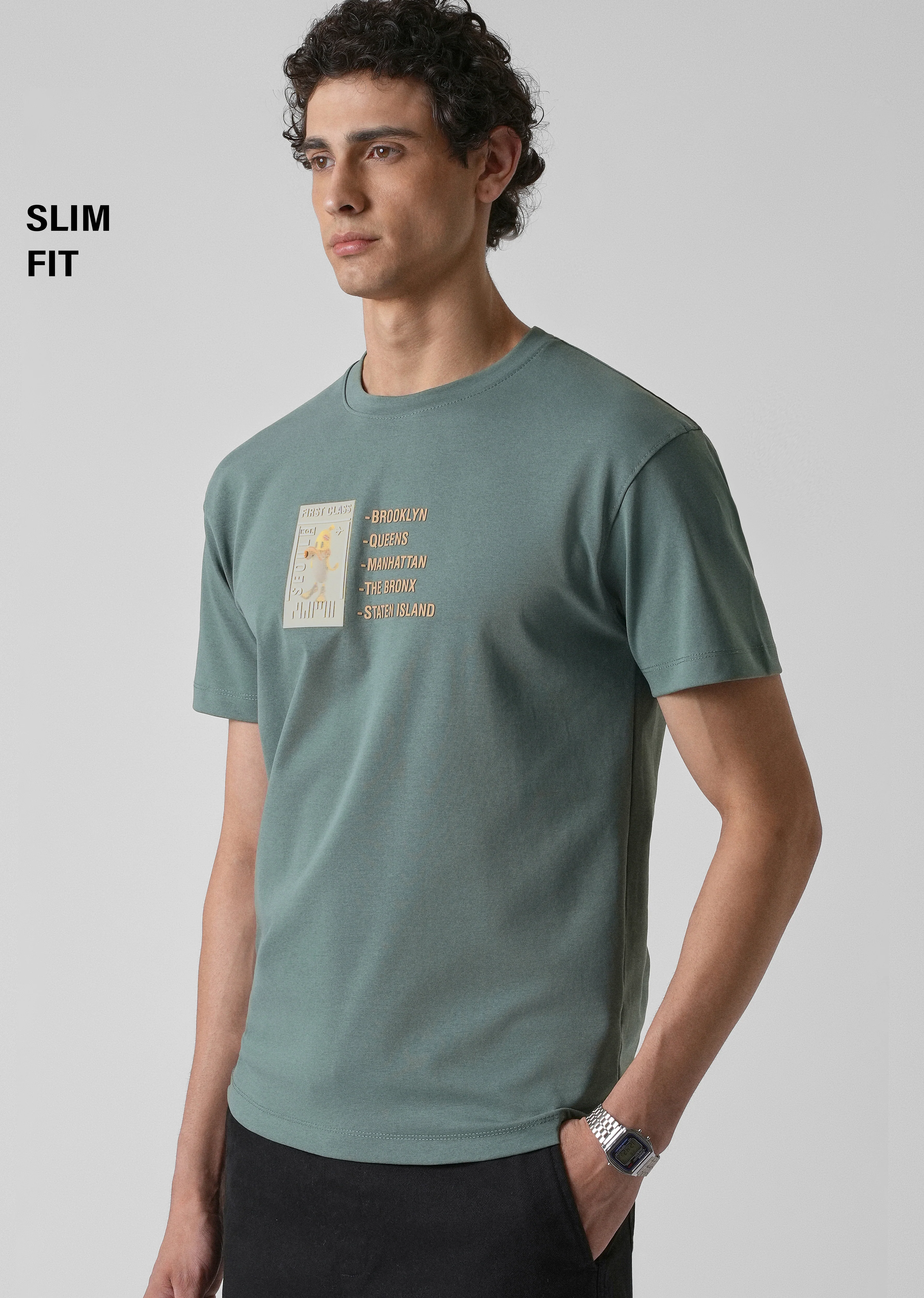 Green Embossed Printed Slim Fit T-shirt - Image 7