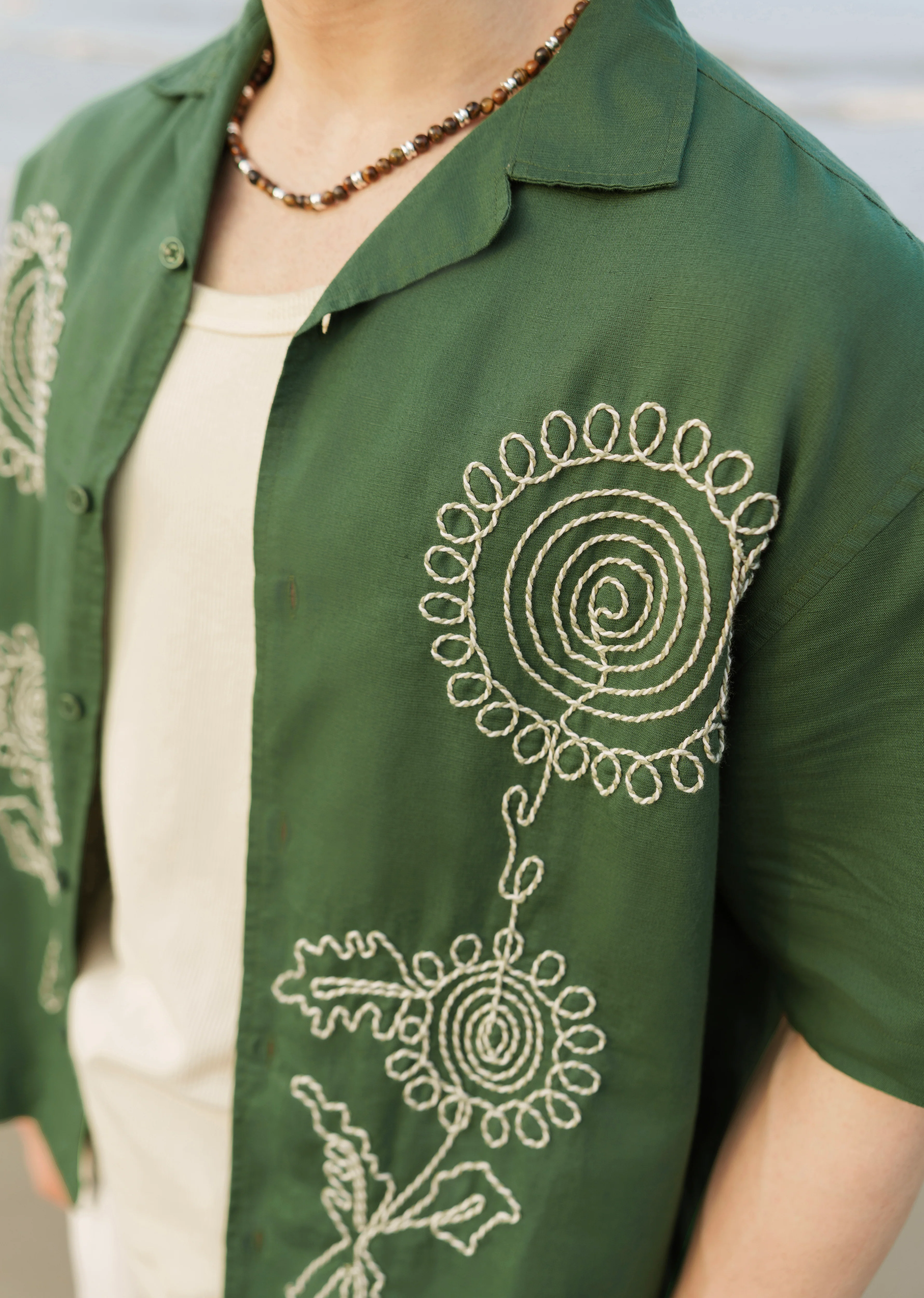 Green Floral Thread Work Shirt - Image 4
