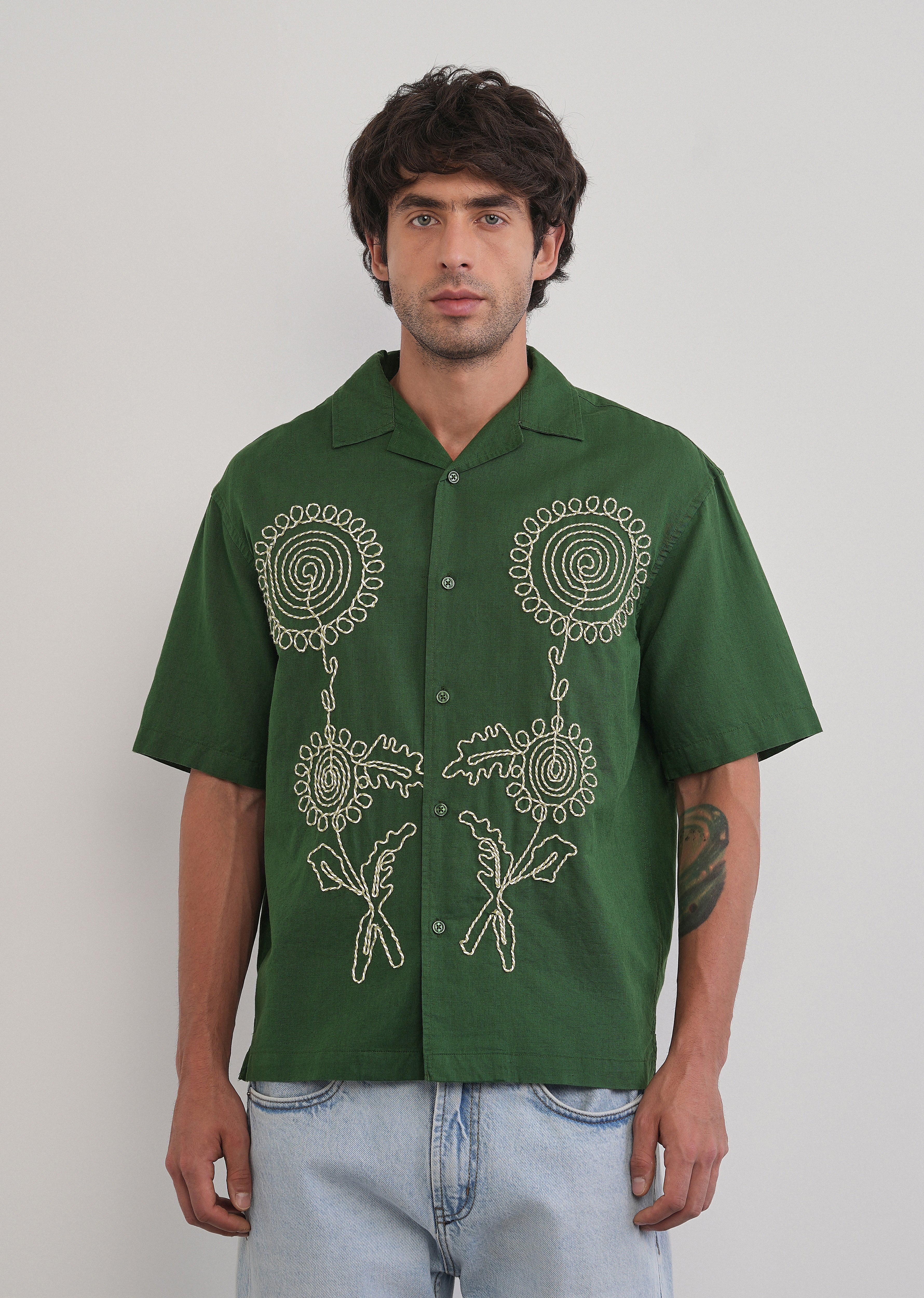Green Floral Thread Work Shirt - Image 5