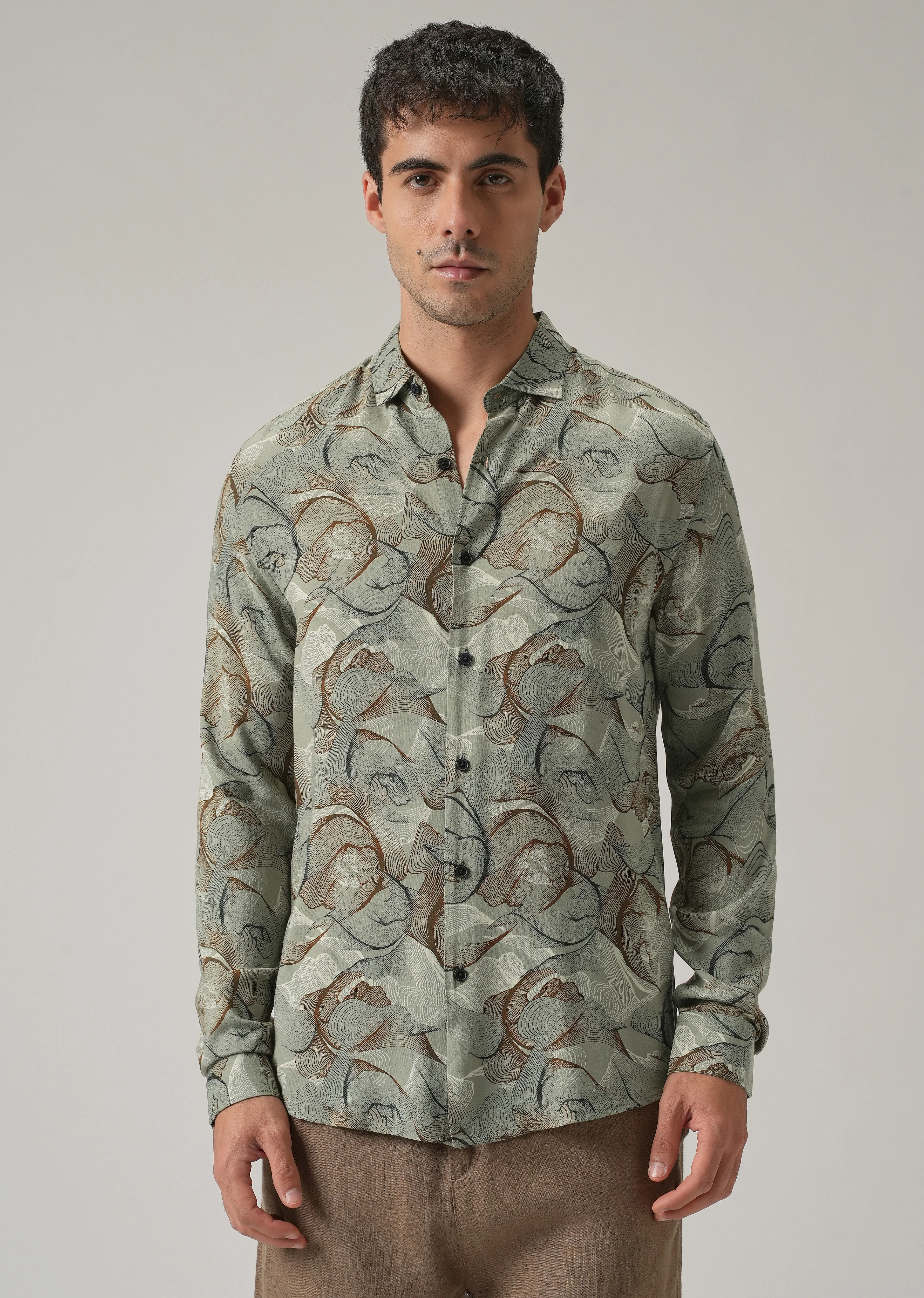Green Grey Lines Print Feather Shirt - Image 3