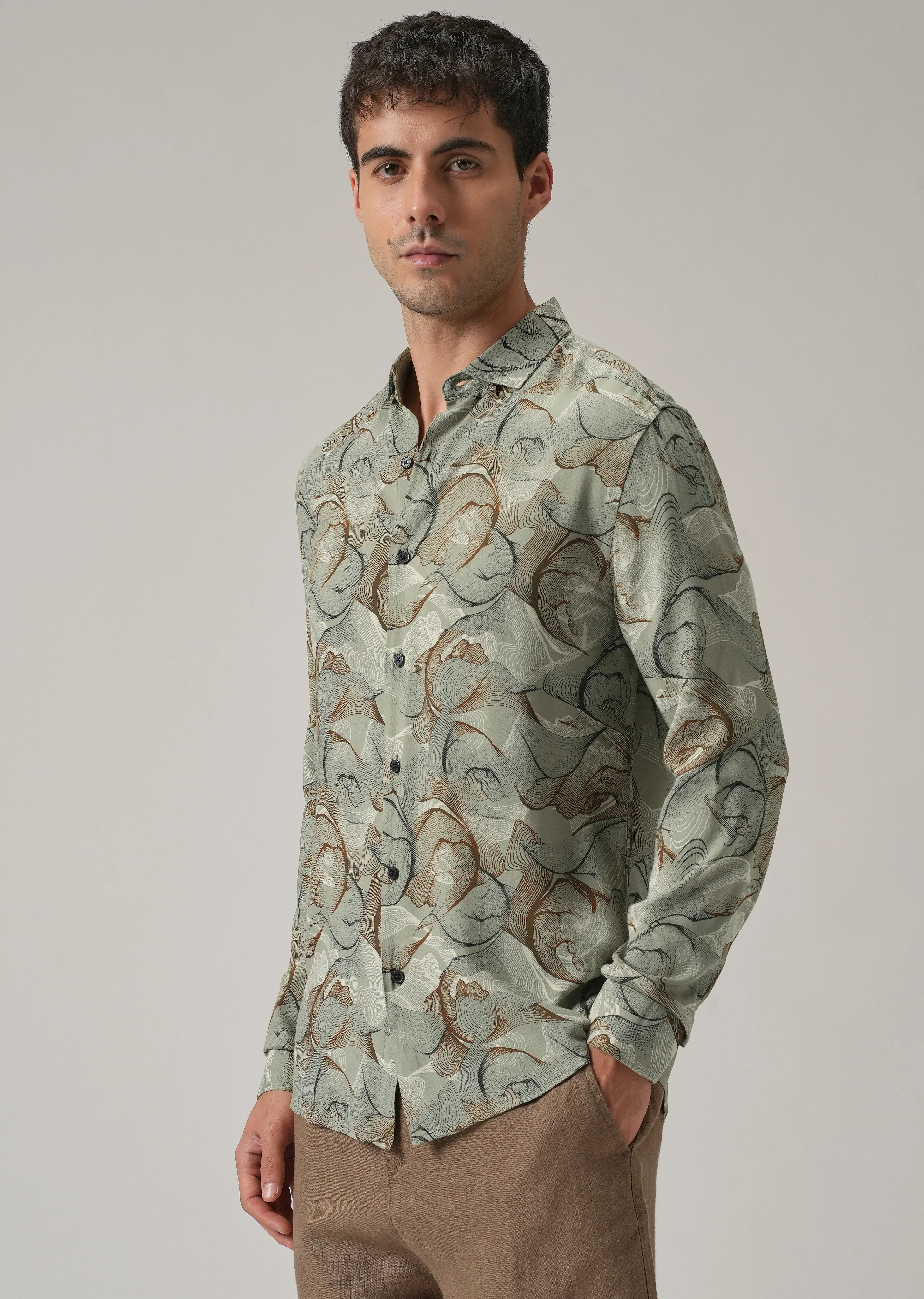 Green Grey Lines Print Feather Shirt - Image 4
