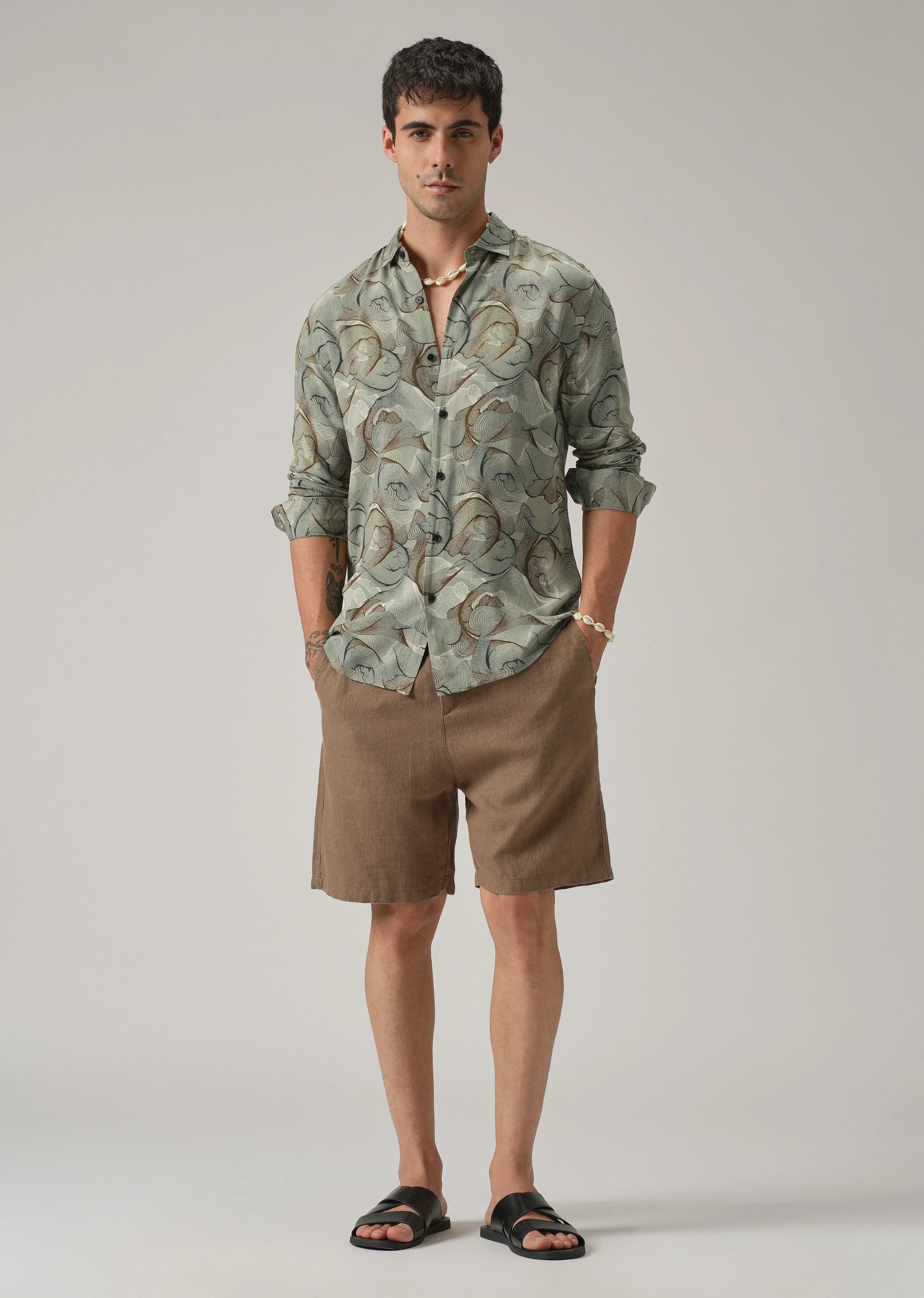 Green Grey Lines Print Feather Shirt - Image 6