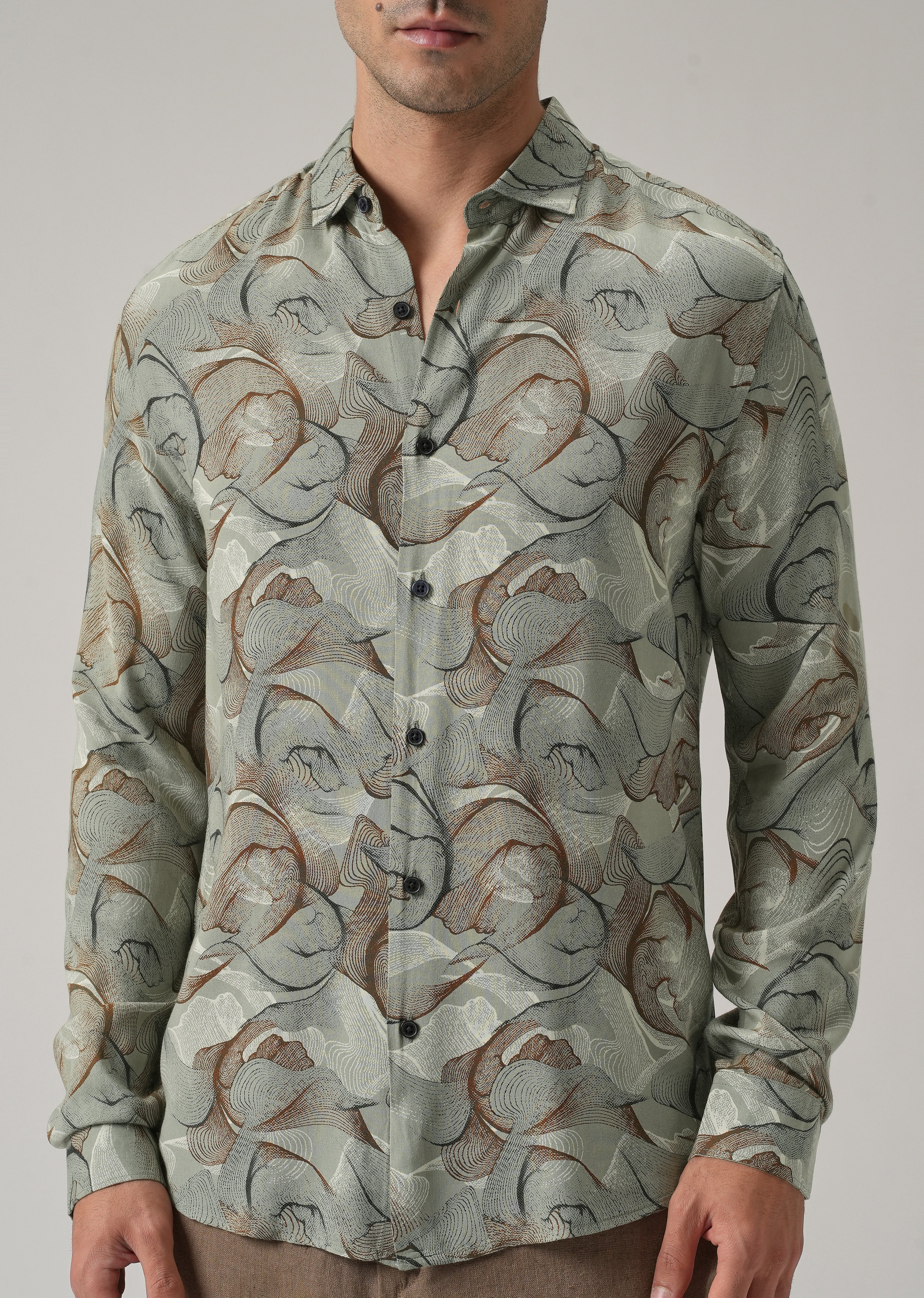 Green Grey Lines Print Feather Shirt - Image 7