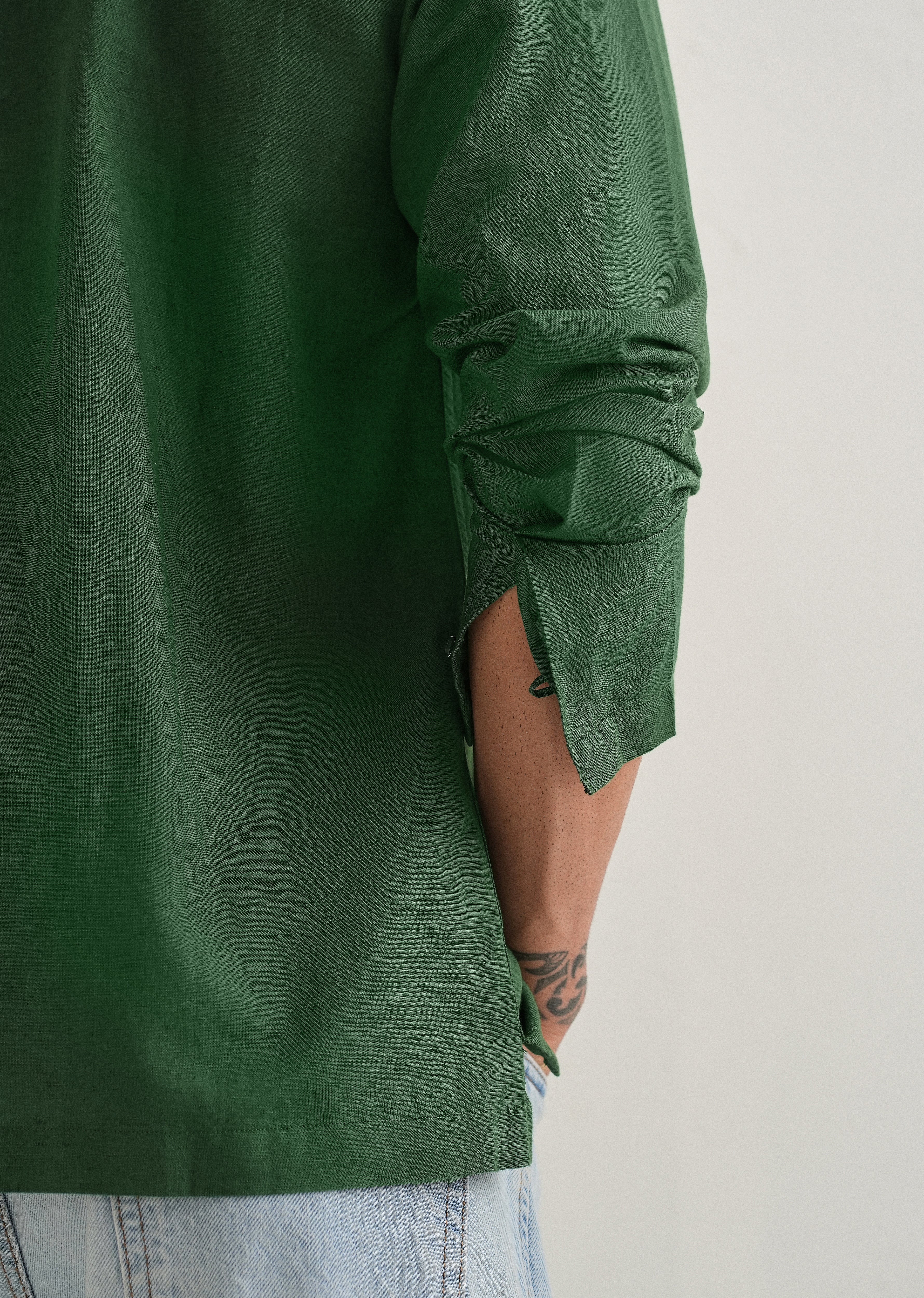 Green Hidden Sleeve Placket Cotton Linen Shirt - Image 2