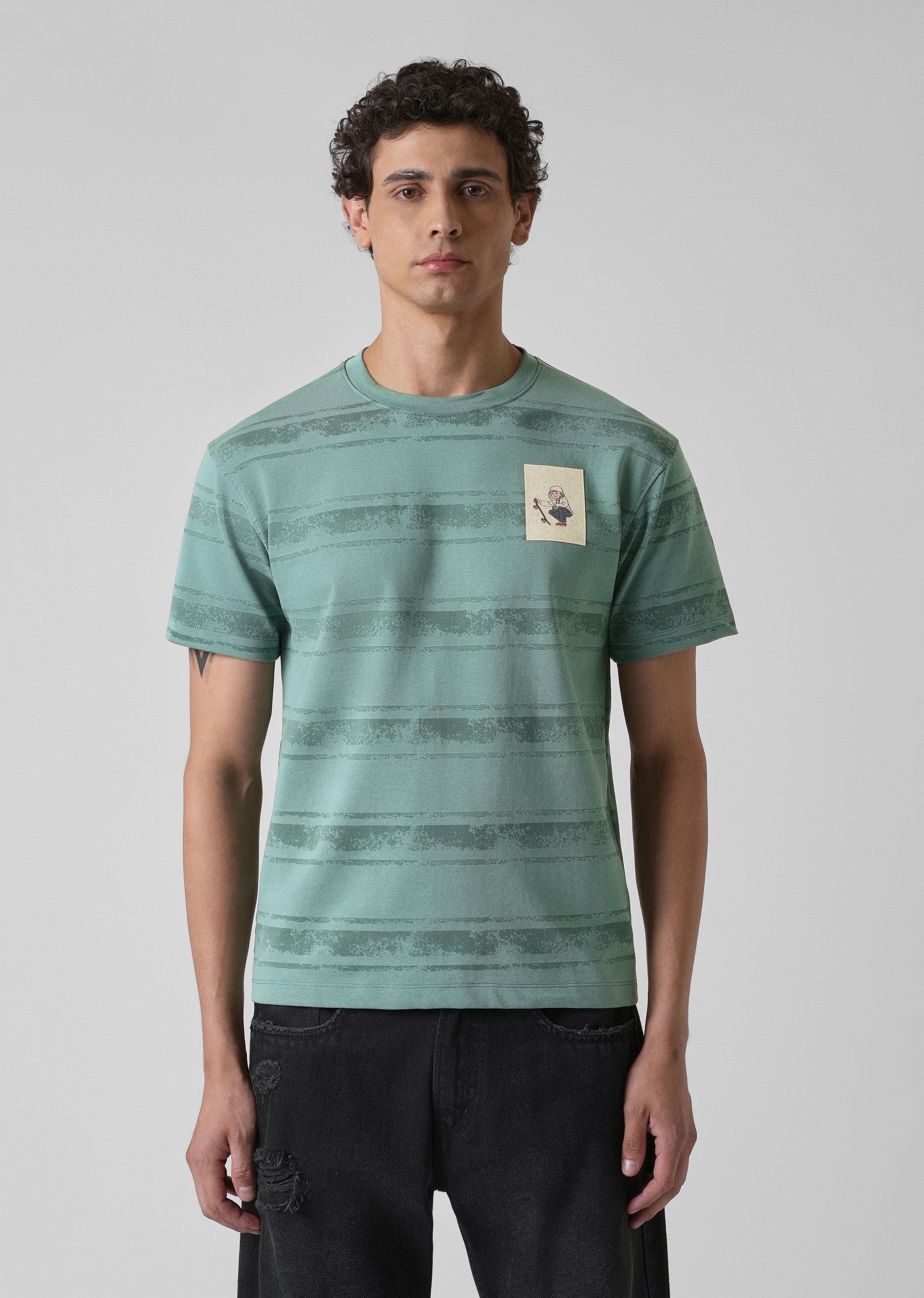Green Horizontal Strip Printed Slim Fit T-shirt - Image 3