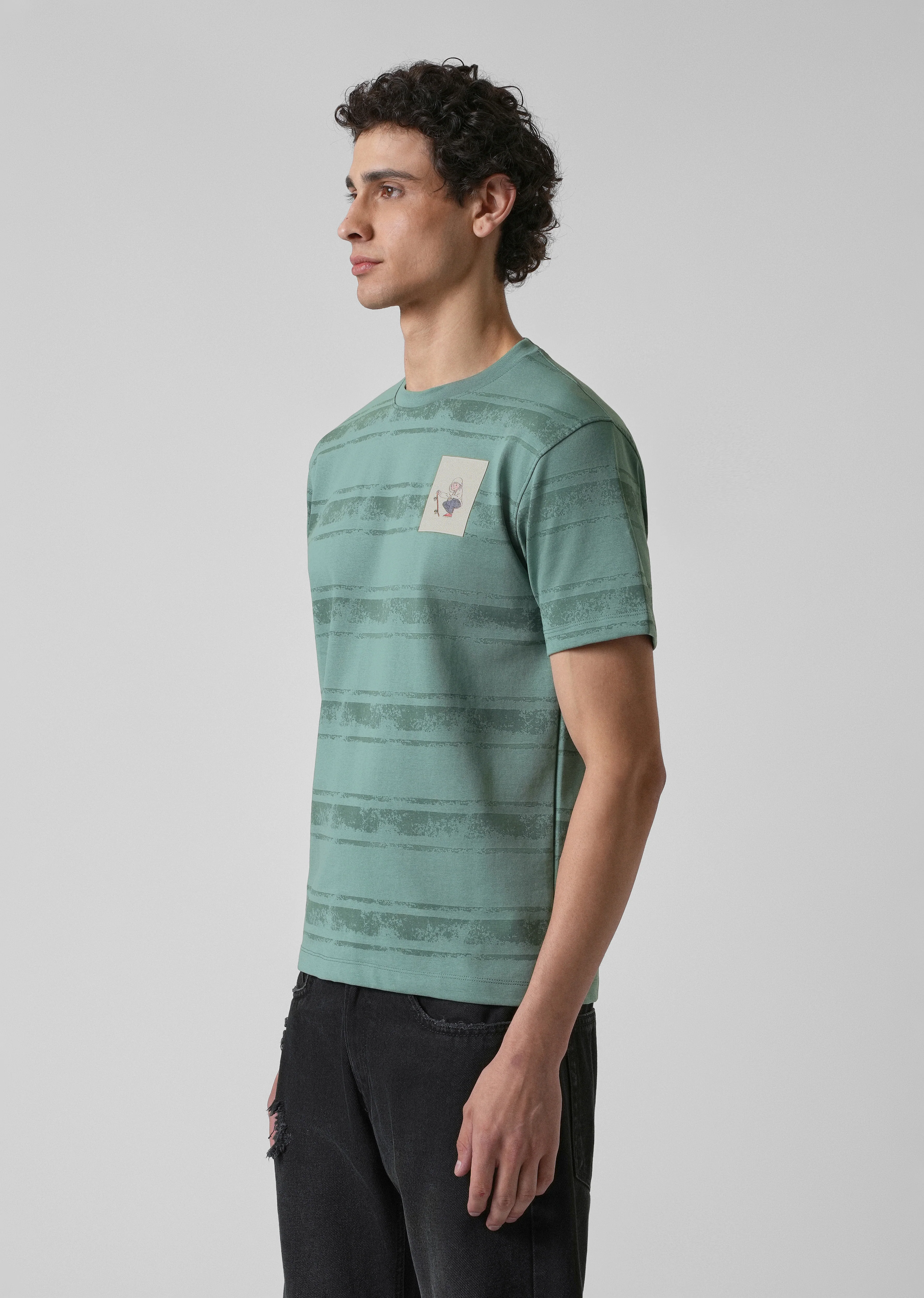 Green Horizontal Strip Printed Slim Fit T-shirt - Image 4
