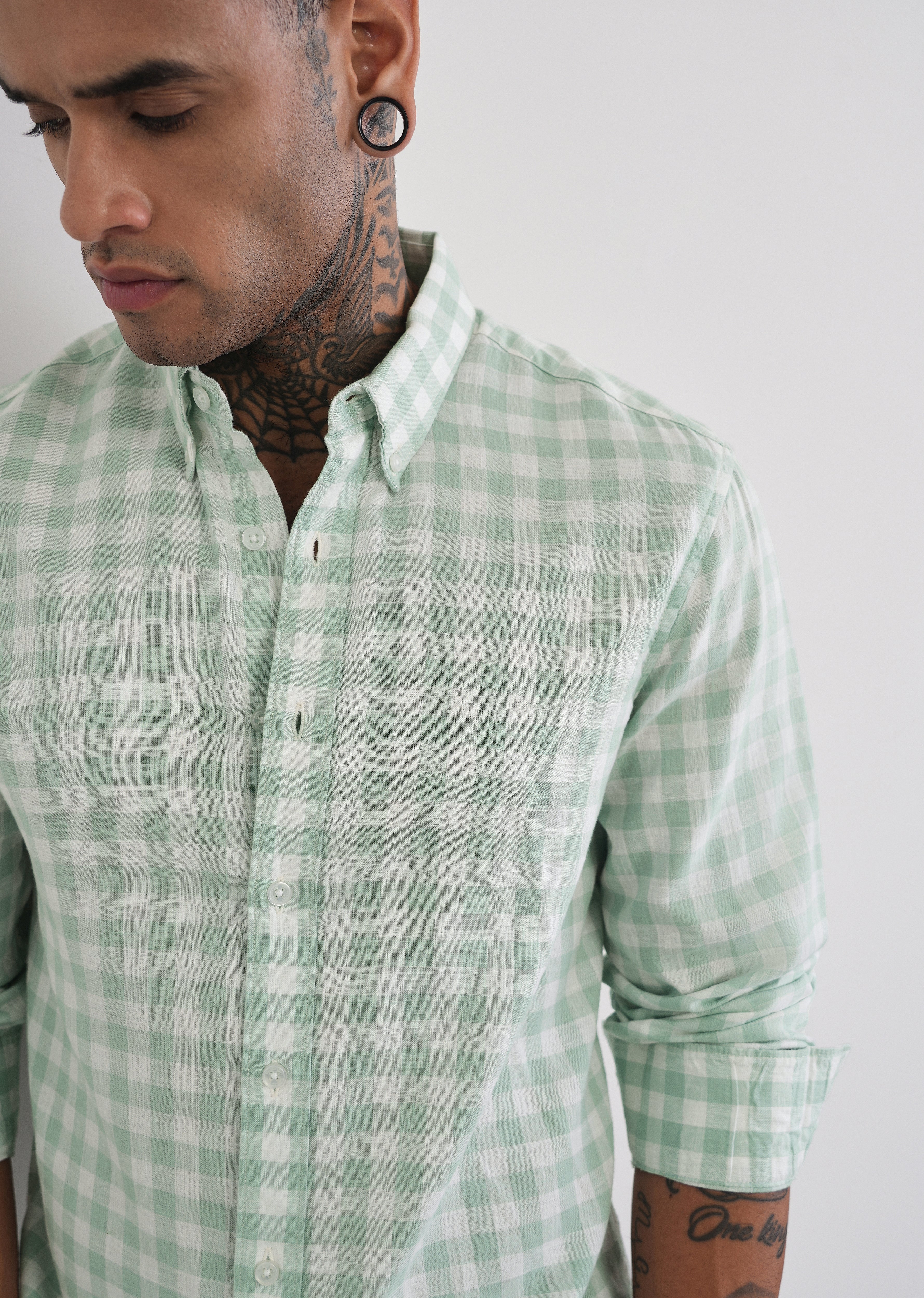 Green Lyocell Linen Blend Check Shirt - Image 5
