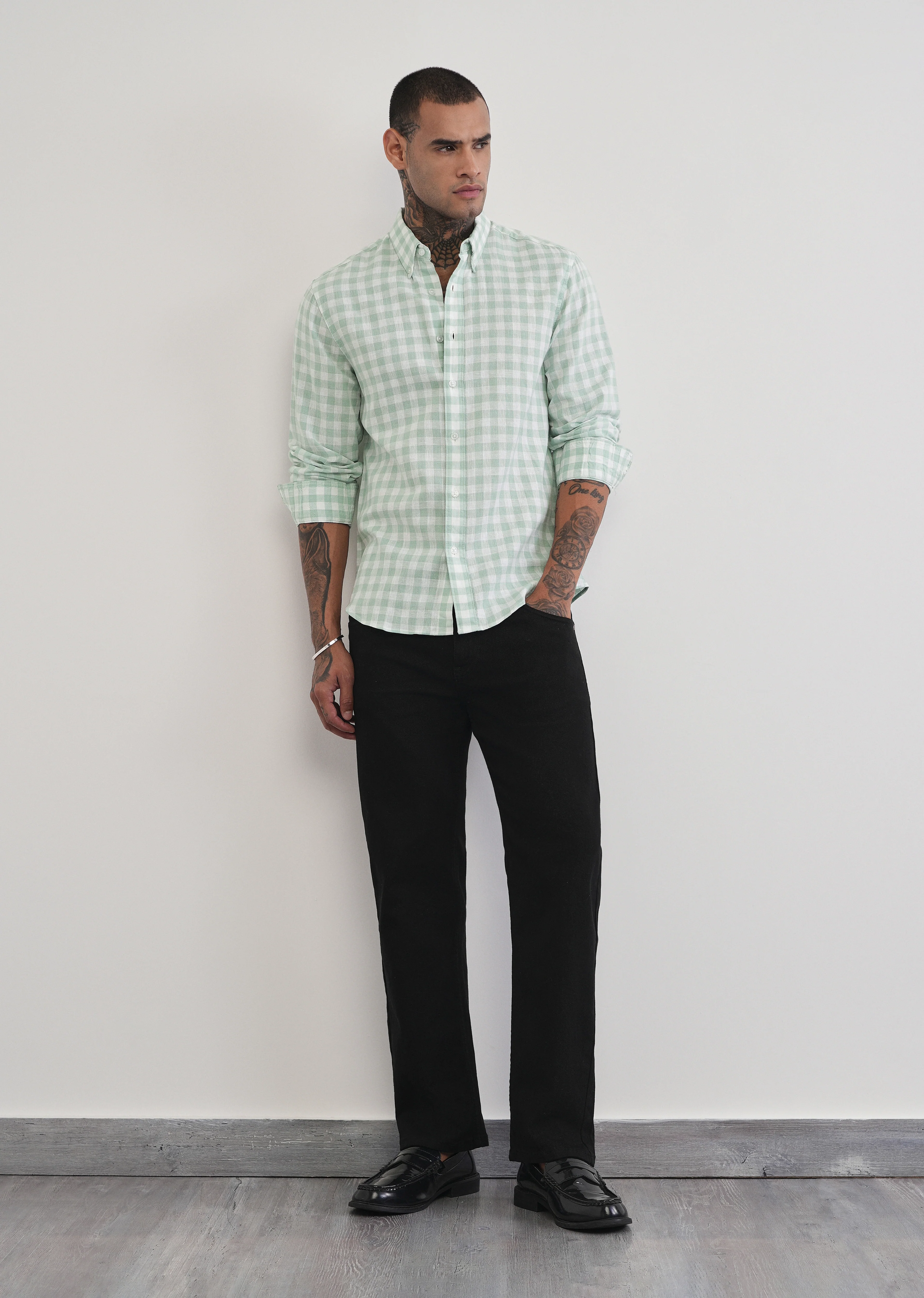 Green Lyocell Linen Blend Check Shirt - Image 6