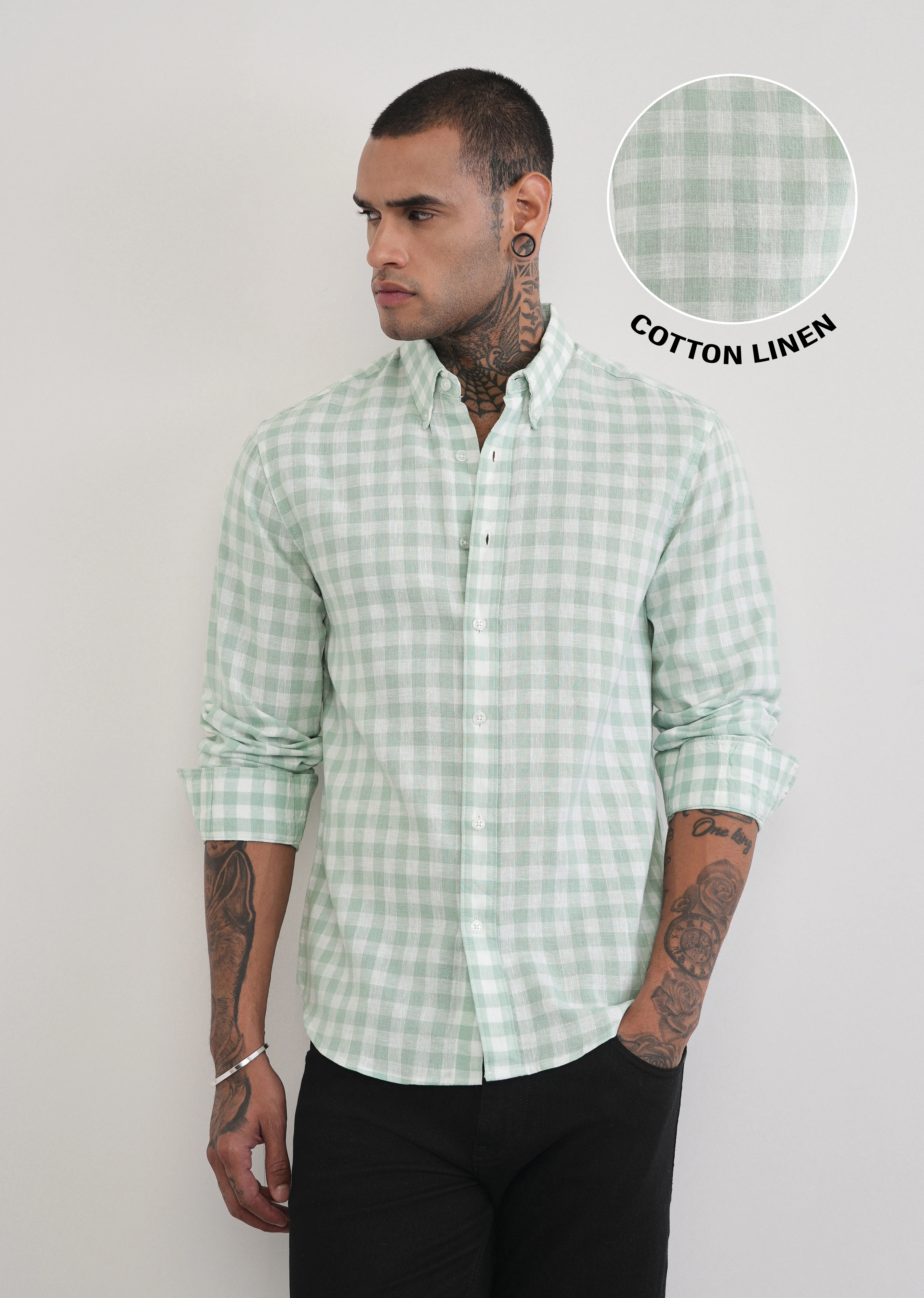 Green Lyocell Linen Blend Check Shirt - Image 7