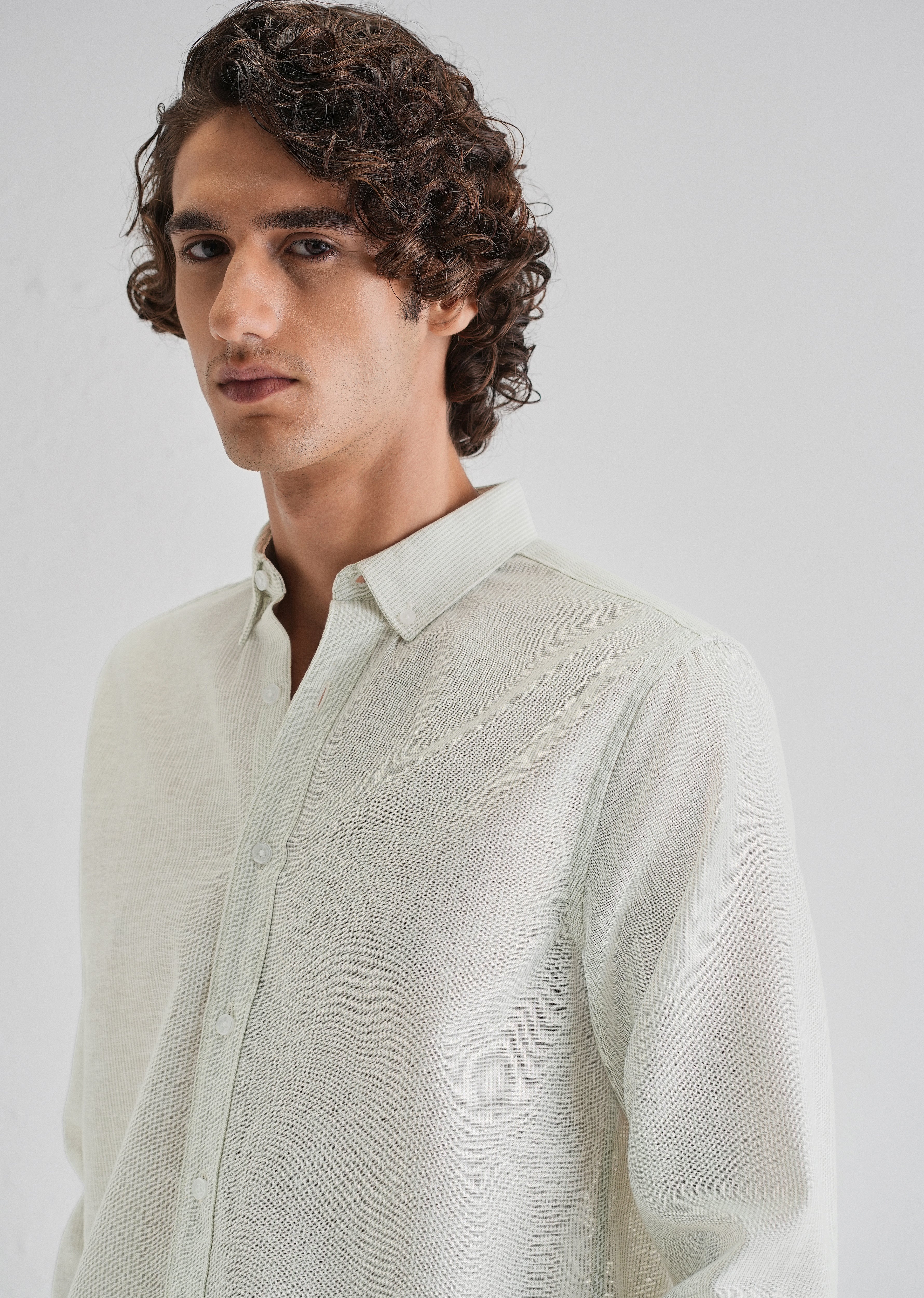 Green Micro Striped Blended Linen Shirt - Image 2