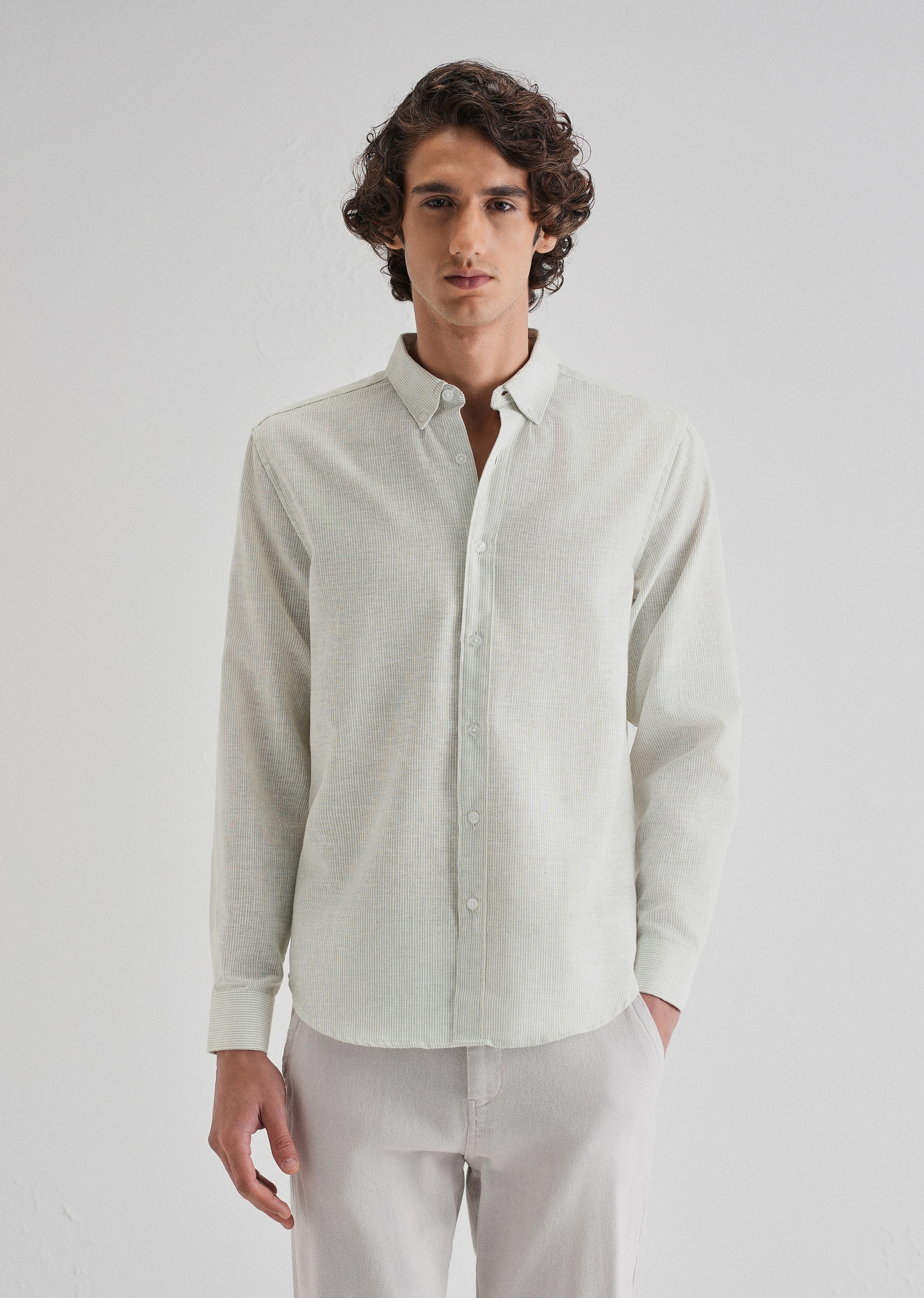 Green Micro Striped Blended Linen Shirt - Image 3