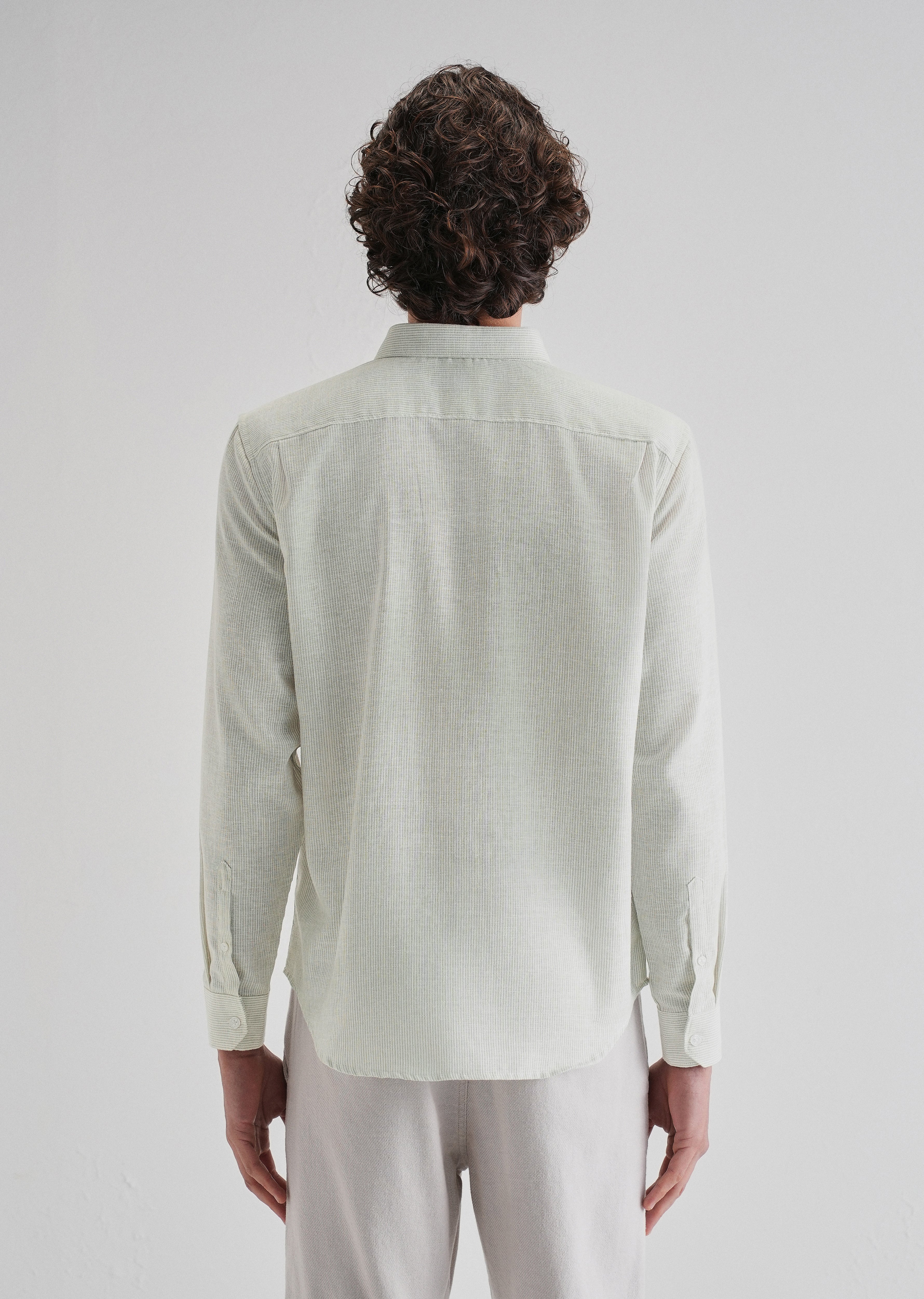 Green Micro Striped Blended Linen Shirt - Image 4